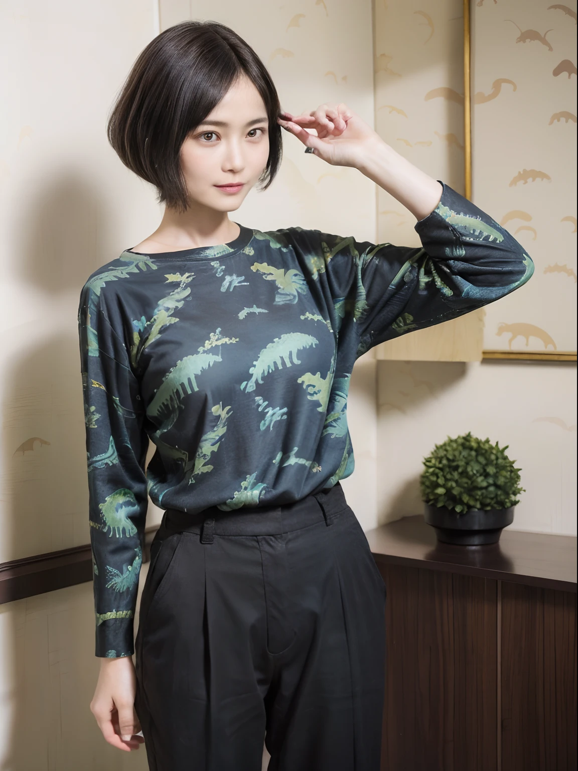 90
(a 20 yo woman,is standing), (A hyper-realistic), (masutepiece), ((short-hair:1.46)), (Smooth black hair), (Breast:1.0), wear long pants, (Wearing a dinosaur print long-sleeved shirt), (painterly、picture frame)