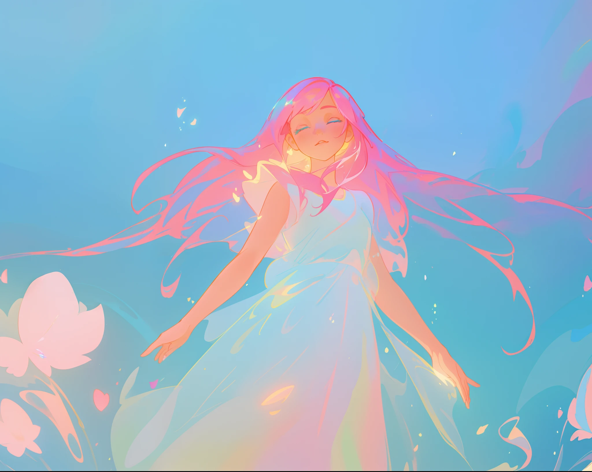 beautiful girl in flowing white dress, vibrant pastel colors, (colorful), magical lights, long flowing colorful pink hair, otherworldly aqua and blue landscape background, inspired by Glen Keane, inspired by Lois van Baarle, disney art style, by Lois van Baarle, glowing aura around her, by Glen Keane, jen bartel, glowing lights! digital painting, flowing glowing hair, glowing flowing hair, beautiful digital illustration, fantasia background, whimsical, magical, fantasy, beautiful face, ((masterpiece, best quality)), intricate details, highly detailed, sharp focus, 8k resolution, sparkling detailed eyes, liquid watercolor