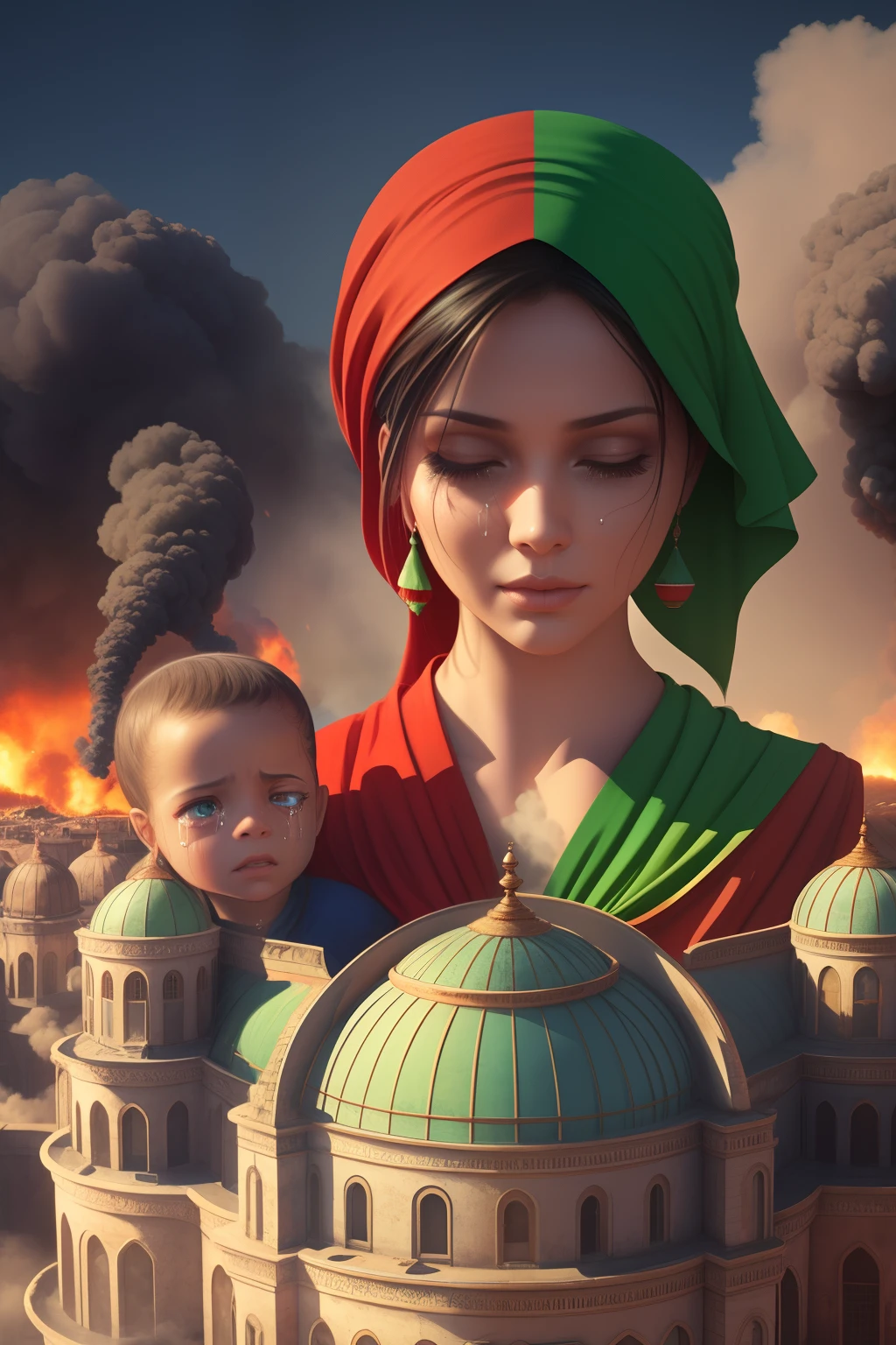 Aerial view angle shot of a crying arab family of mother, father and child holding each other in a family hug while looking up at the sky, the arab family background and surrounding all covered in a huge bomb explosion smoke, the smoke coloured in Palestinian flag colours of red and green, surrealism art, fantasy art, arthouse art, creative art, red and green layers of colour in the background, surrealism, cinematic lighting, artgerm style, 32k, ultra HD, unreal engine rendered, hyper-realistic image, --auto --s2