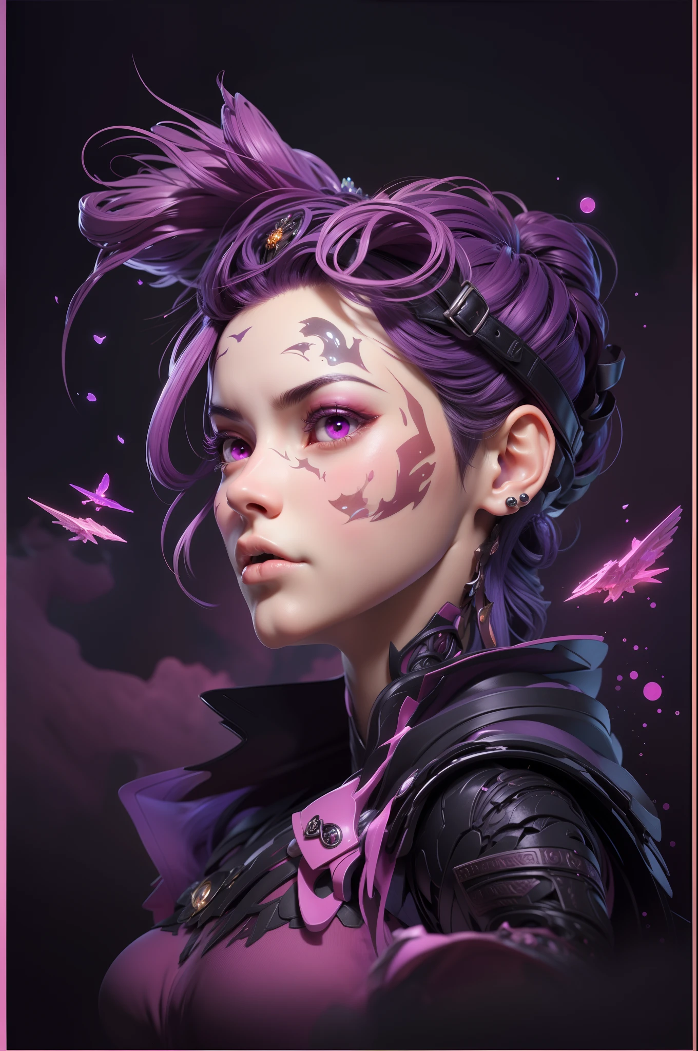 3dmm style,(masterpiece, top quality, best quality, official art, beautiful and aesthetic:1.2), (fractal art:1.3), 1girl, beautiful, high detailed, purple hair with a hint of pink, pink eyes, dark lighting, serious face, looking the sky, sky, medium shot, black sweater, jewelry