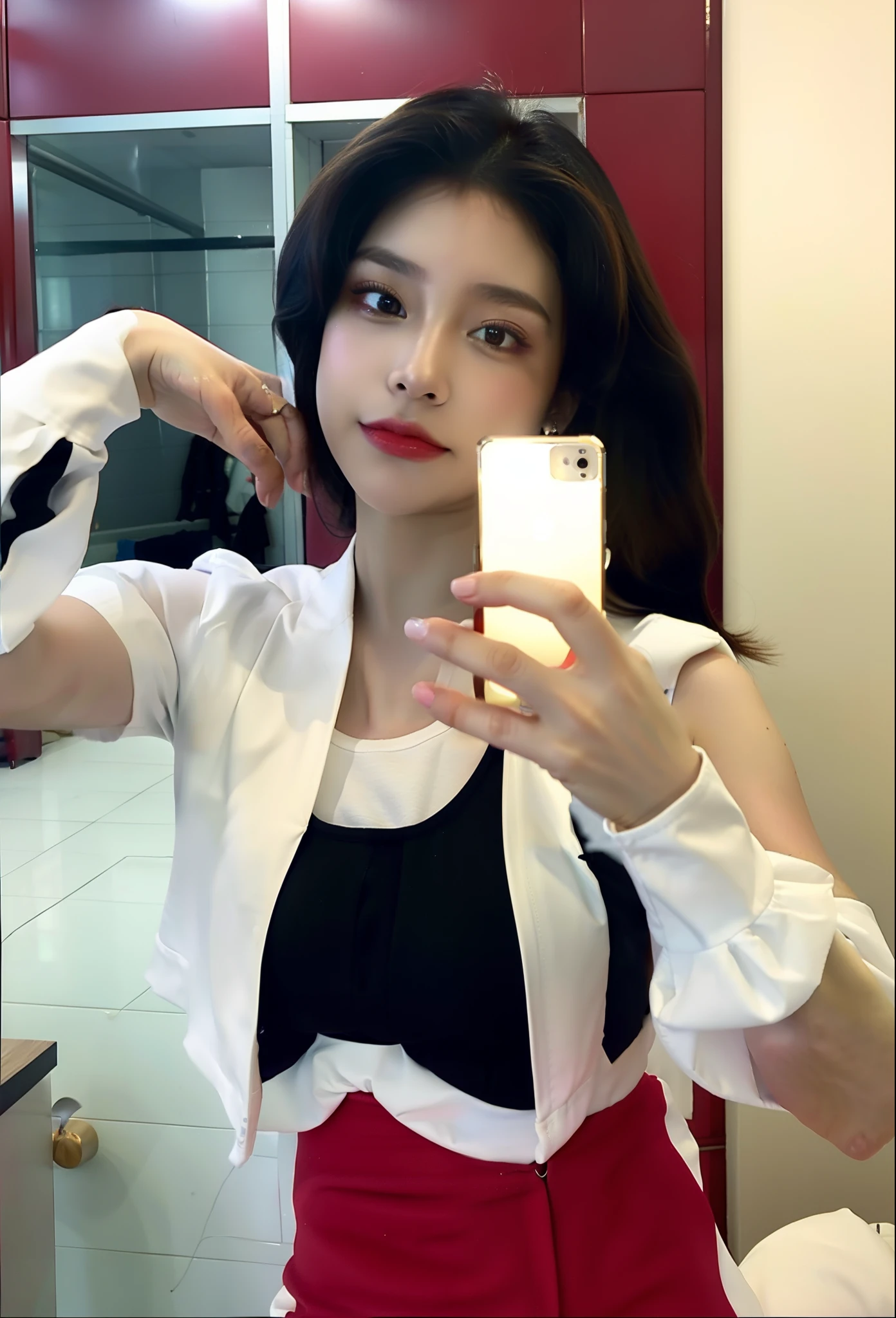 Araffed woman taking a selfie in a mirror with a cell phone, selfie en espejo, Violeta Myers, sexy look at the camera, lucir sexy, 2 4 year old female model, 18 years old, Angelawhite, Outfit muy sexy, sujetador blanco, Pose sexy, Modelo de Instagram, mostrando su rostro, webcam footage, she is facing the camera, cara perfecta