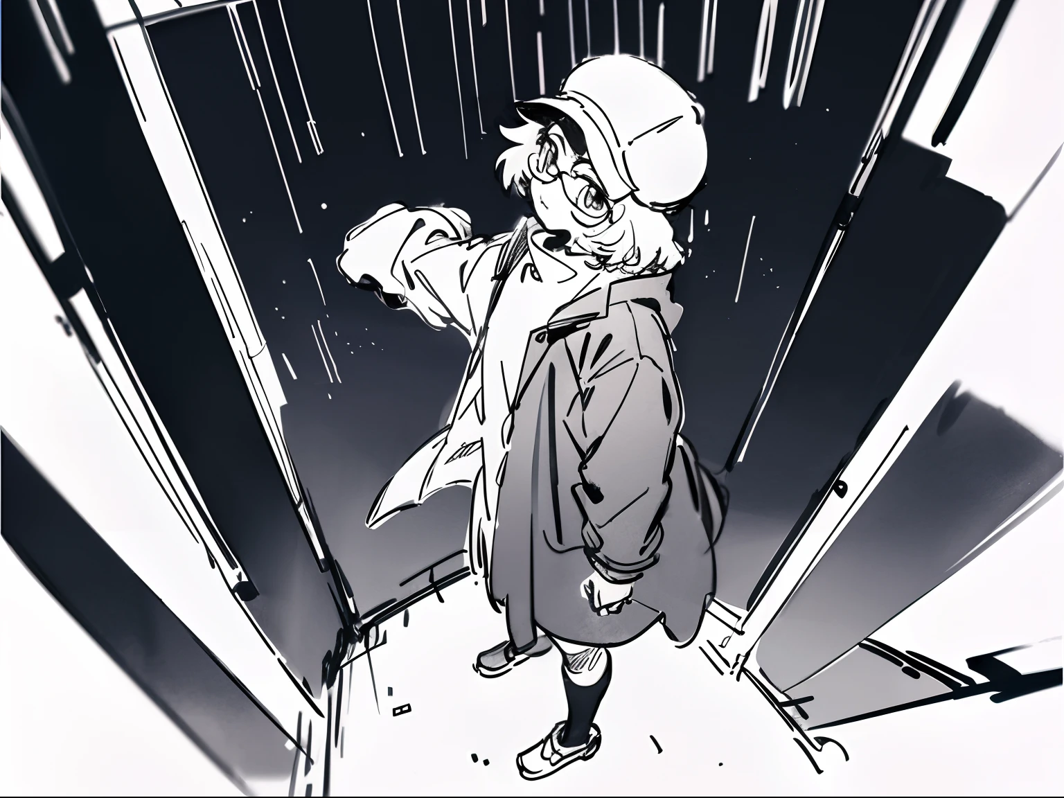 Mirai Kuriyama wearing a coat and a cap looking at the sky, ((empty background)), winter, VHS, vintage, red glasses, bucket hat, manga style, white background, ((monochrome)), far away shot, full body, (sketch), long sleeves, 1girl, looking up