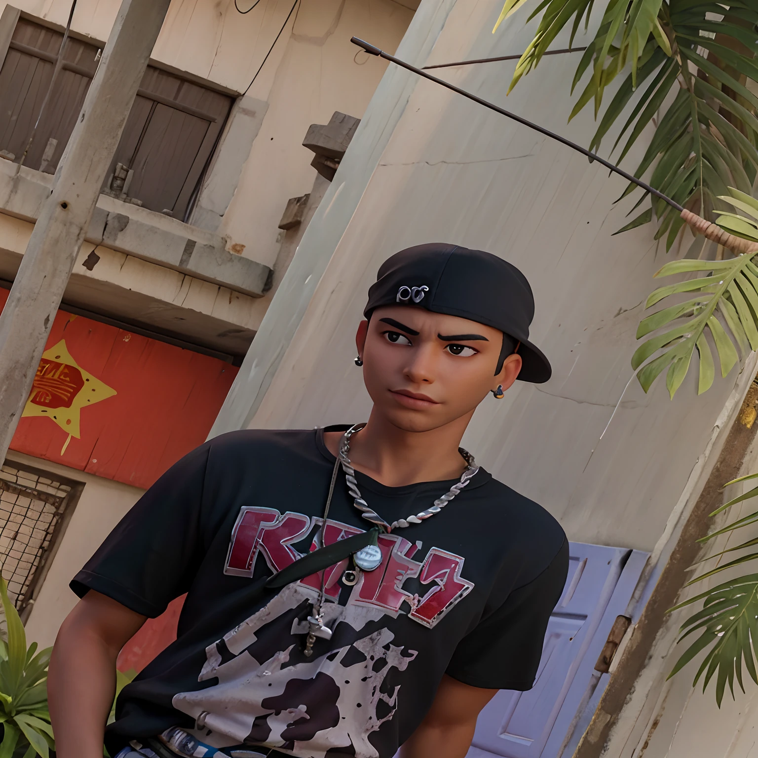 Fundo colorido de favela do Rio de Janeiro, Shiny necklace in silver with dollar sign pendant around the neck, olhando para frente
