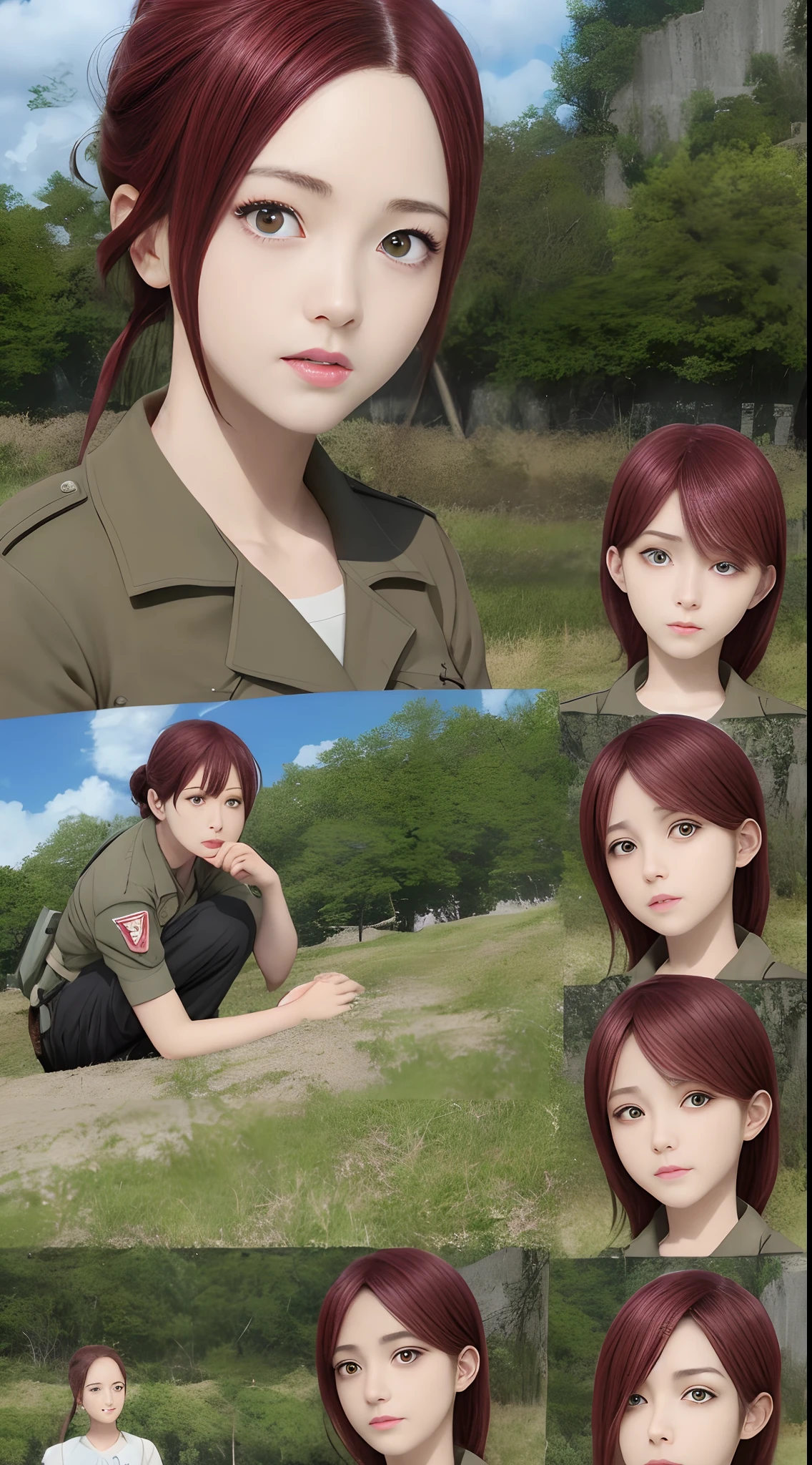 Attack on titan screencap. She has grey eyes and red hair. She’s a military trainee. Wit studio screencap.