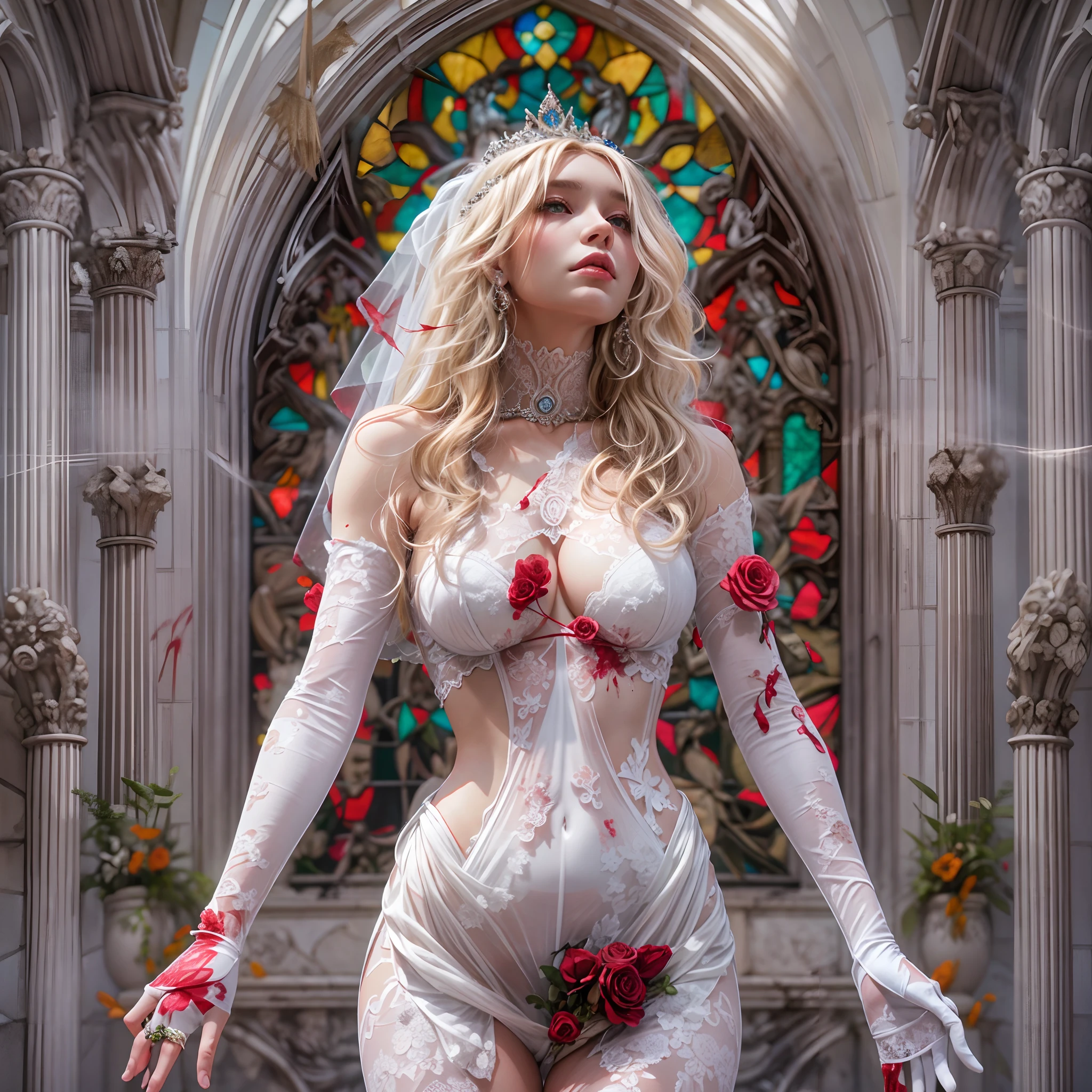 { wide-angle | FullBody:1.2 | Dynamic-angle | Ass focus }, (Whole Body proportions and all limbs are expressed in anatomical precision),(((masutepiece:1.25))), 8K highres, { Physically-based rendering | White and Vivid colors | Zoom Layer }, { (((Photorealistic:1.37)))| (F/4.0, canon) }, (Detailed glistening skin), Detailed face and eyes, { ((Beautiful bride goddess))|(Brilliant Red shiny Ruby accessories) | earrings | Ruby ring | Delicate white lace knitted see-through wedding dresses | Flowers | Floating hair| Random hair color | Blonde hair }, { (Mystical sight) | God rays |((colorful Light shines through stained glass:1.2)) }, { Gigantic Cleavage:1.37 | Overflowing | Biomechanical HUGE and HEAVY boob | Underboob |(Navel)| Bleeding from pussy | Dripping blood from crotch | (Blood stained crotch) | Menses | Ass focus }, { (Praying) | bloody hand | (Delicate and feminine hands expressed in anatomical precision) | White elbow_gloves | no Dutch angle }, (((no extra limbs)))