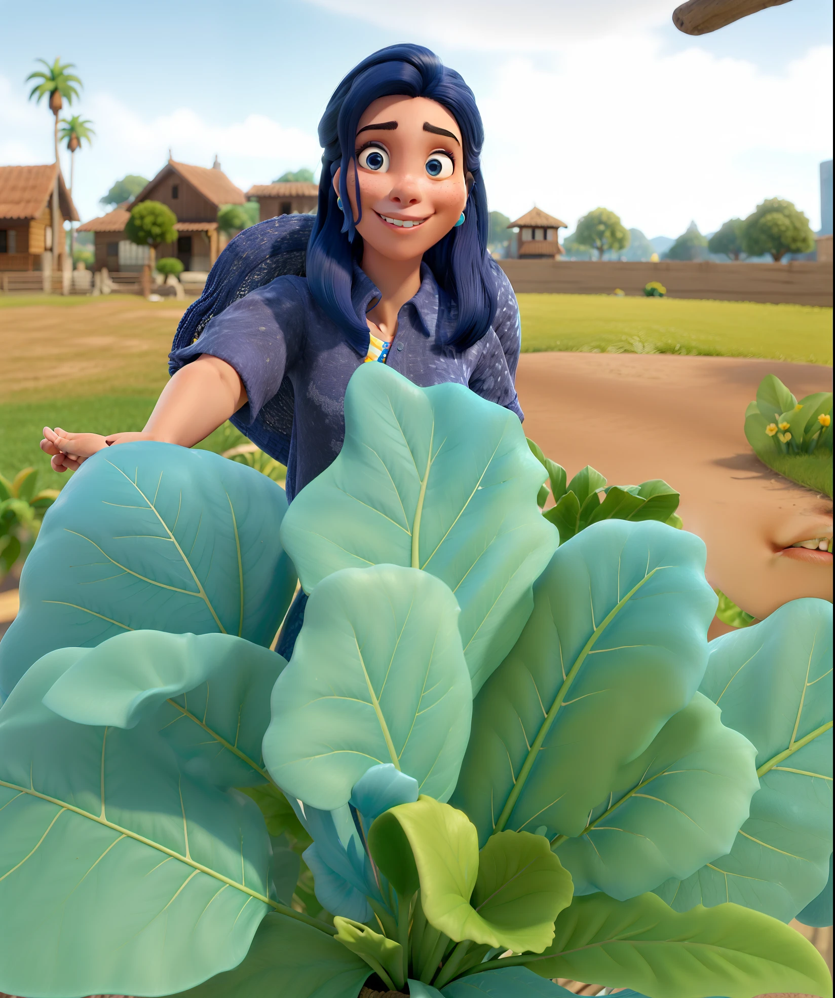 Obra-prima, de melhor qualidade, uma jovem mulher de cabelo curto preto, colar, vestindo uma camisa xadrez azul, em campo de alface, estilo Disney pixar