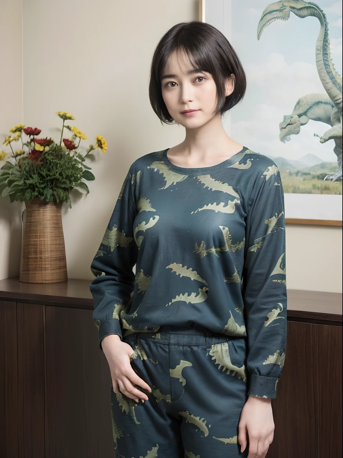 90
(a 20 yo woman,is standing), (A hyper-realistic), (masutepiece), ((short-hair:1.46)), (Smooth black hair), (Breast:1.0), wear long pants, (Wearing a dinosaur print long-sleeved shirt), (painterly、picture frame)