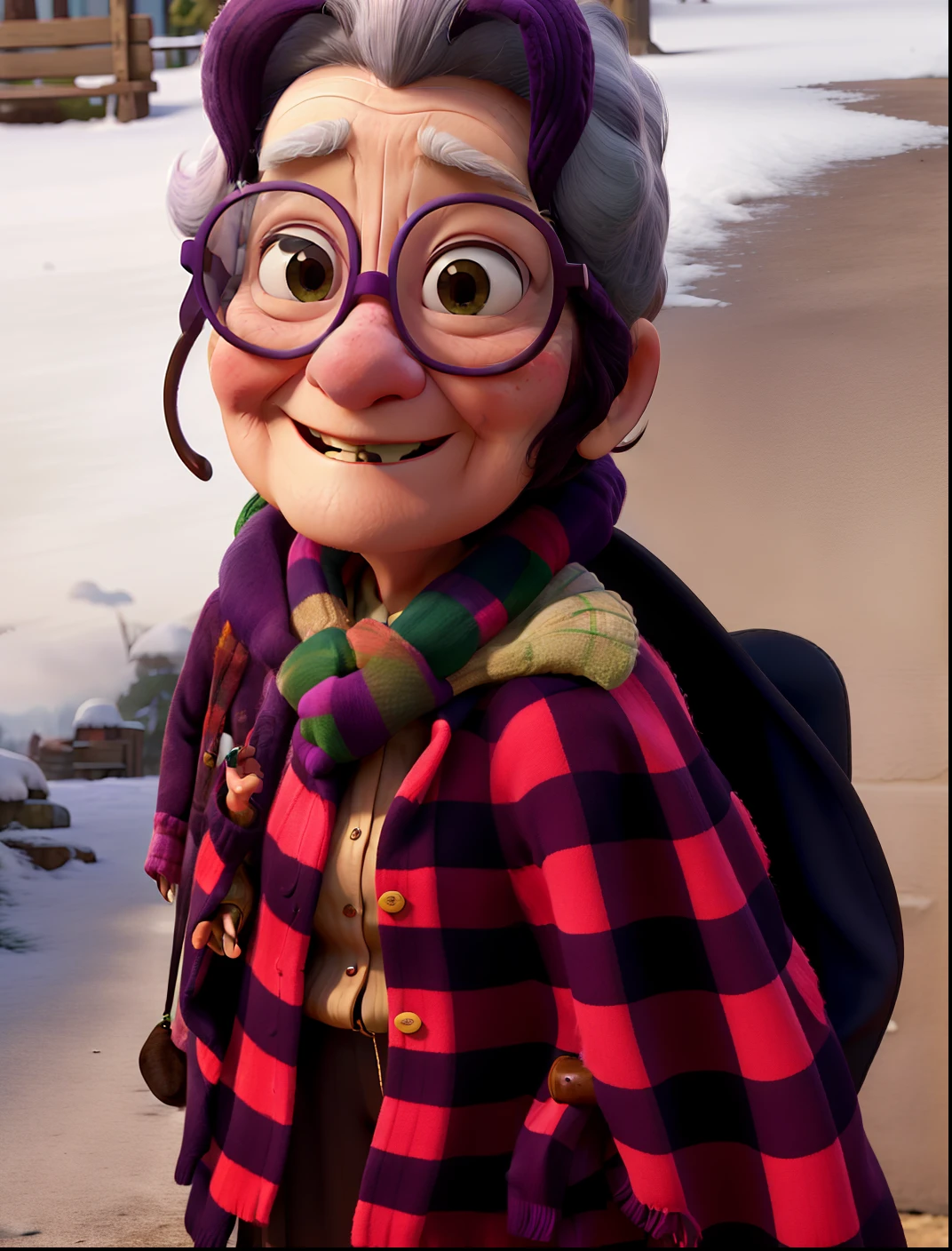 masterpiece, best quality, an old woman with glasses and a scarf on, wearing a purple coat and green scarf, standing at the park