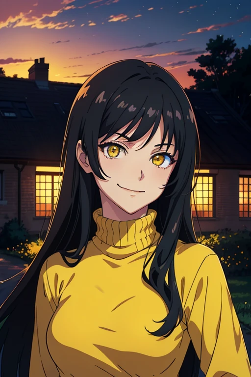 (1 girl), (best quality, high-res, ultra-detailed, anime style, muffled light), ((long black hair, yellow eyes, smug eyes, slightly smiling, looking at viewer)), (countryside mansion behind), dusk, (black turtleneck), beautiful skies, anime landscape, closeup, portrait