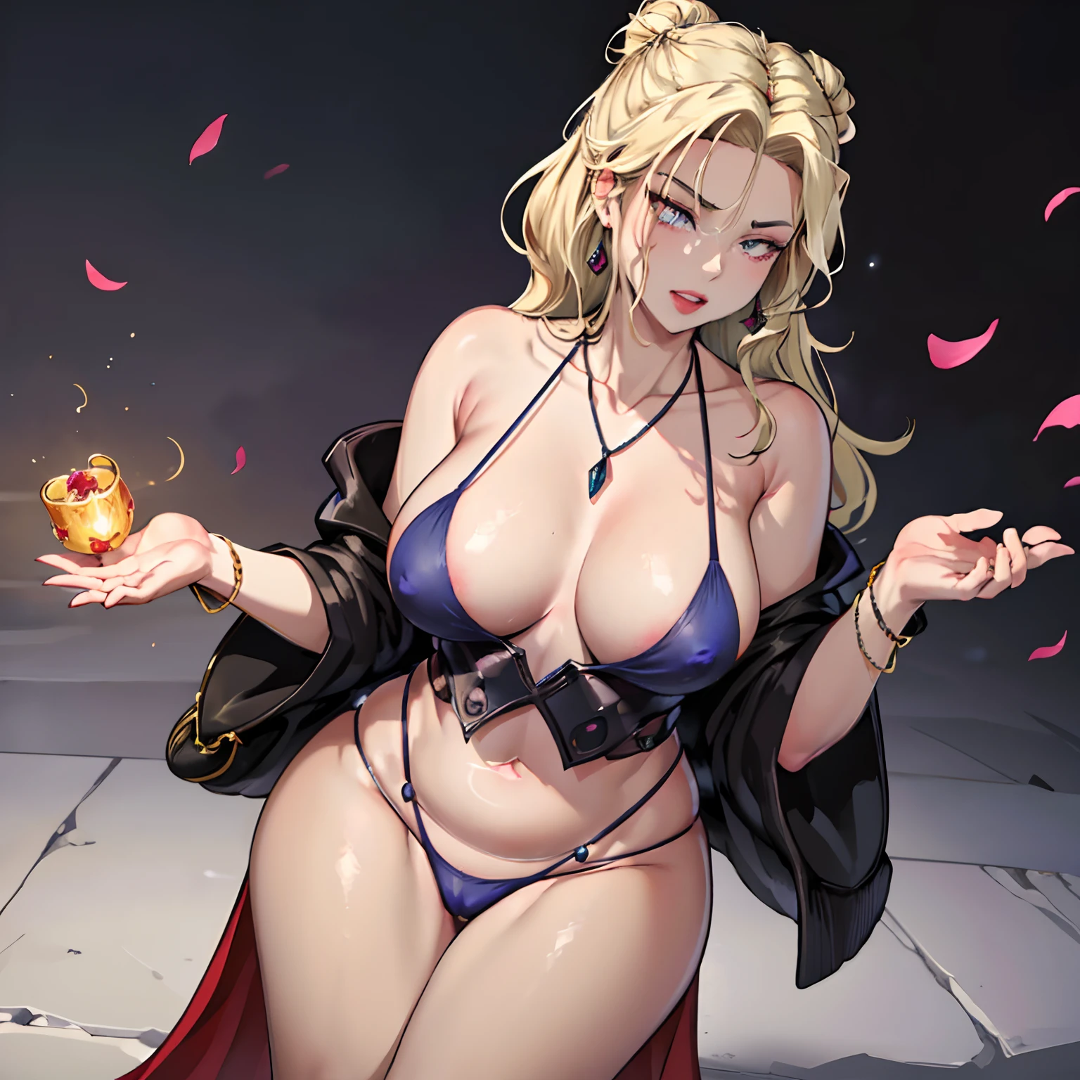 (solo), centered, Ultra-detailed, vibrant colors, (lonesome beach), darkness, falling petals, arrogant 1girl, mature female, queen mother, very mean, cruel, wicked (laugh), large breasts, cleavage, tall, big ass, slim thick, small waist, (bikini), ribbon, handbag, purse, long top knot hair, luxurious jewelries, expensive necklaces, pearls, pendants, bracelets, earrings, (crown), (red glowing eyes), (looking down at viewer), Photorealistic, (from below), (depth of field), cinematic lighting, close-up, masterpiece, (anatomically correct)