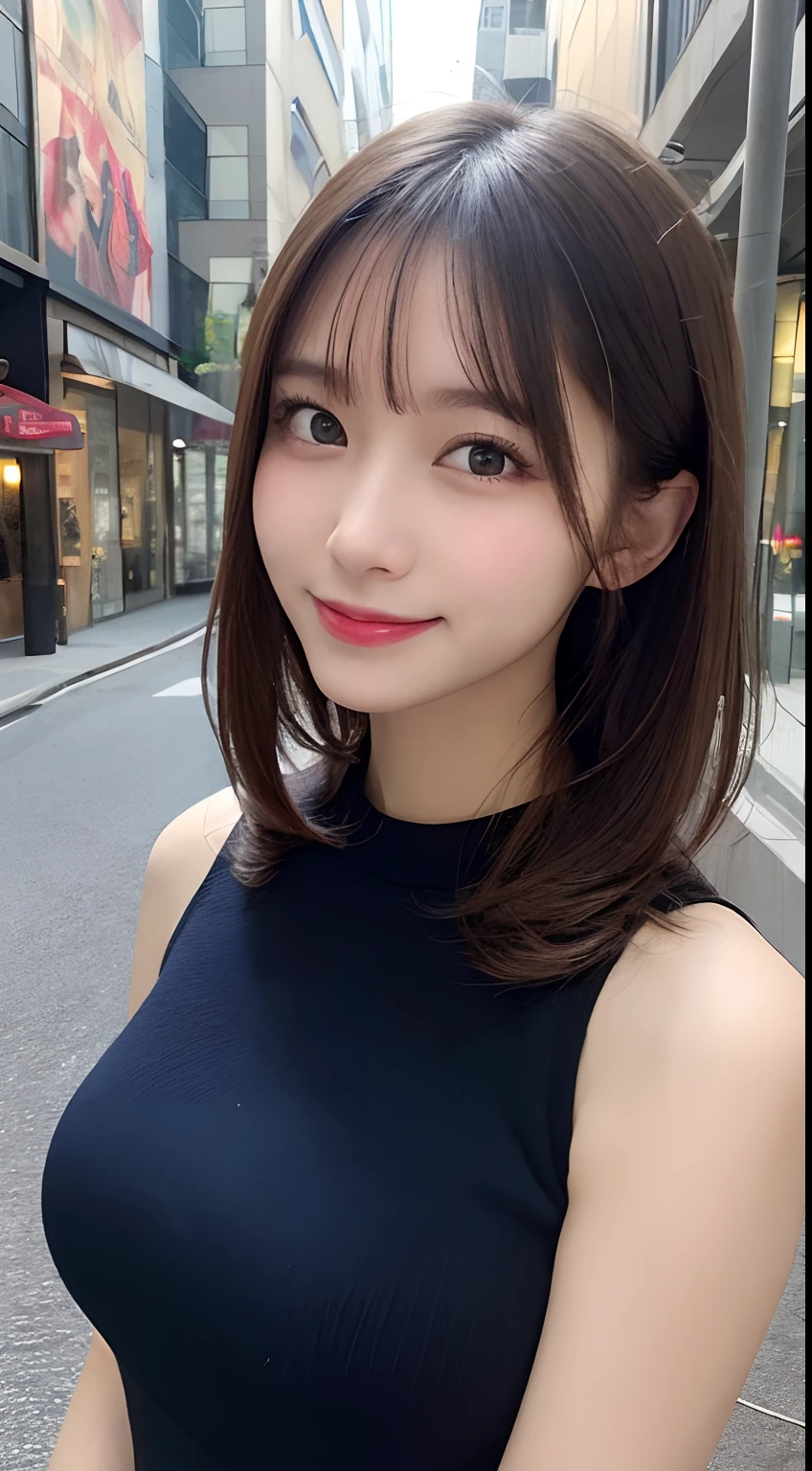 masutepiece, Best Quality, Illustration, Ultra-detailed, finely detail, hight resolution, 8K Wallpaper, Perfect dynamic composition, Beautiful detailed eyes, doress,Medium Hair, Big breasts, Natural Color Lip, Random and sexy poses,Smile,Aoyama Street Walk、Sleeveless dress、20 years girl、skinny body shape