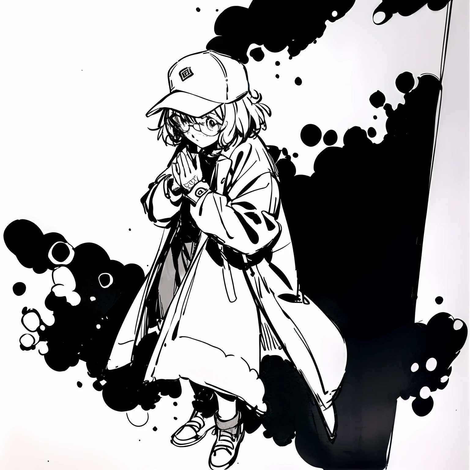 Mirai Kuriyama wearing a coat and a cap hiding her face with her hands, ((empty background)), winter, VHS, vintage, red glasses, manga style, white background, ((monochrome)), far away shot, full body, (sketch), long sleeves, 1girl, looking up, casual clothes