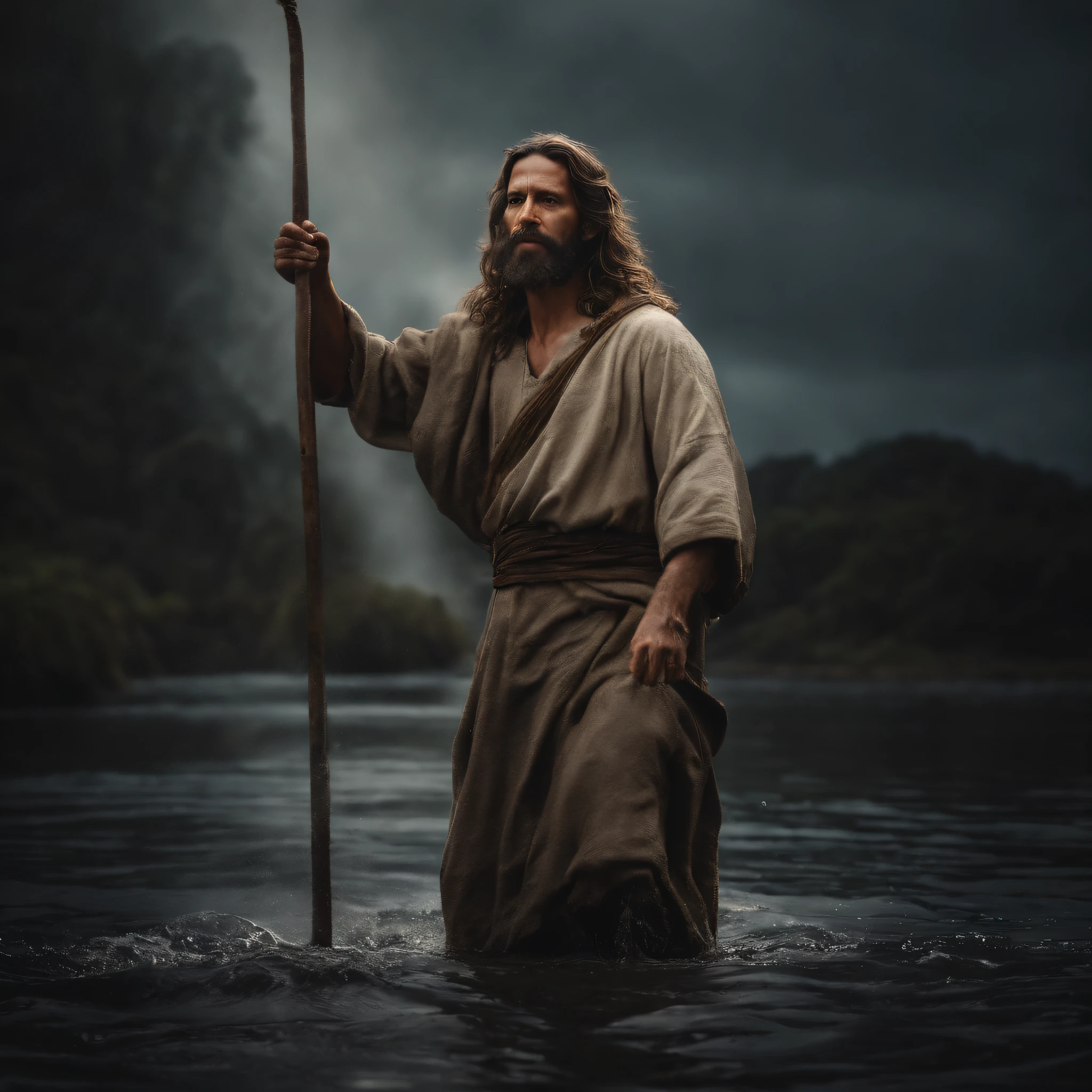 ((Full body, front view, closeup)). Jesus walking on water in a storm, masterpiece, best quality, high quality, extremely detailed CG unit 8k wallpaper, award winning photography, Bokeh, Depth of Field, HDR, bloom, Chromatic aberration, photorealistic, extremely detailed, trending on artstation, trending on CGsociety, intricate, high detail, dramatic, mid-journey art, volumetric lighting