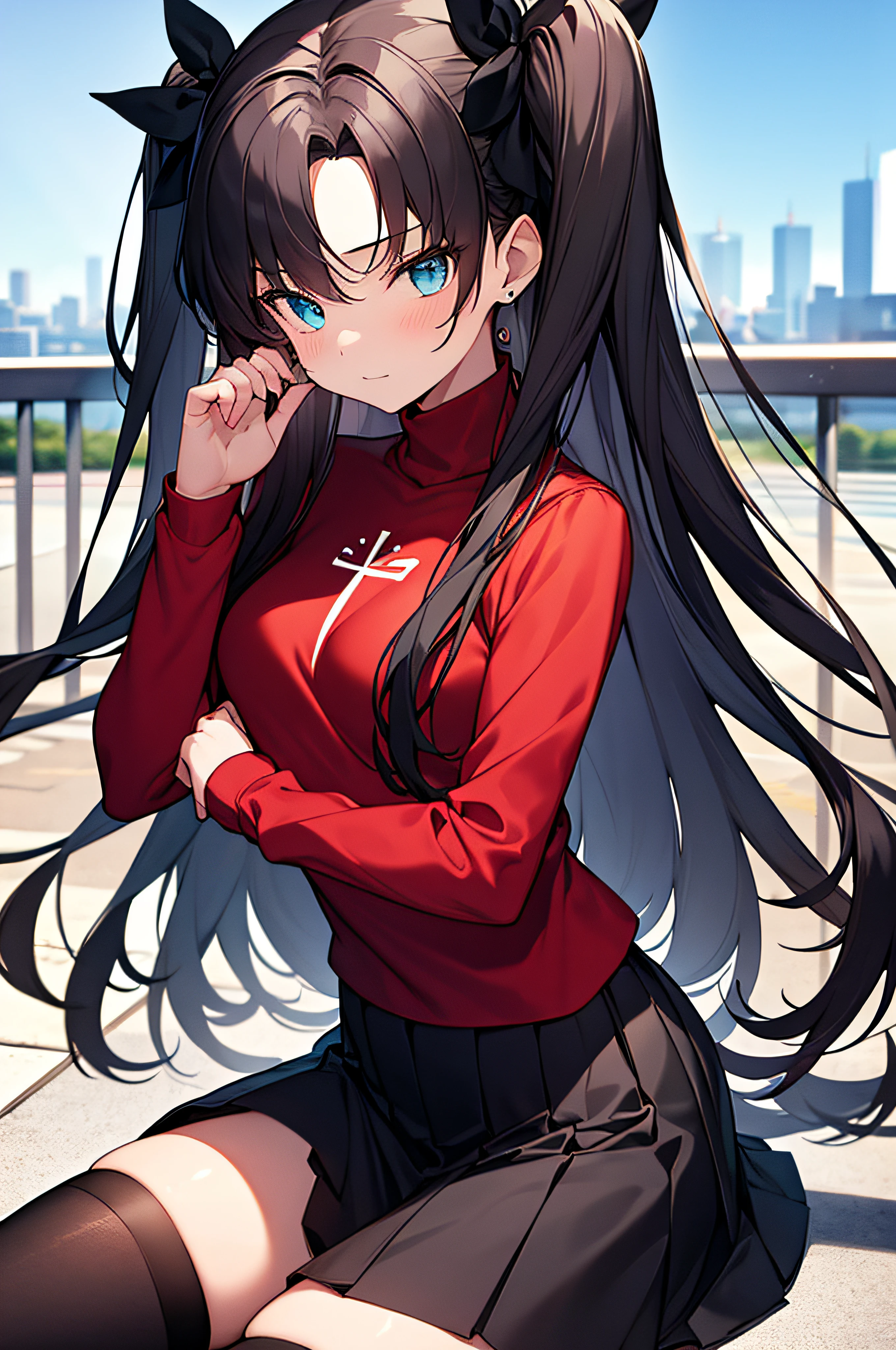 (masterpiece), best quality, expressive eyes, perfect face, 1girl, solo, rintohsaka, rin tohsaka, aqua eyes, black hair, hair ribbon, long hair, ribbon, sidelocks, two side up, black skirt, black thighhighs, long sleeves, miniskirt, pleated skirt, ((red sweater)), skirt, sweater, thighhighs, turtleneck, city background, sitting, character sheet, upper body, portrait, looking at viewer