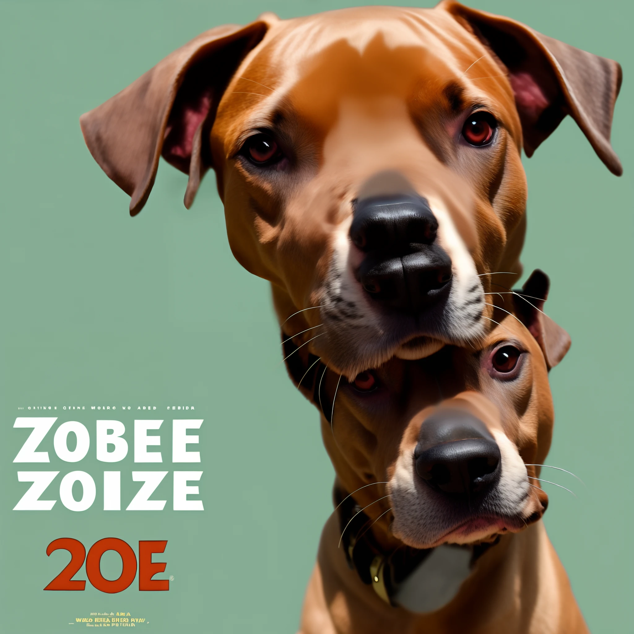 A Pixar style movie poster about a brown pitbull/labrador mix with a white belly and the title “Zoe”