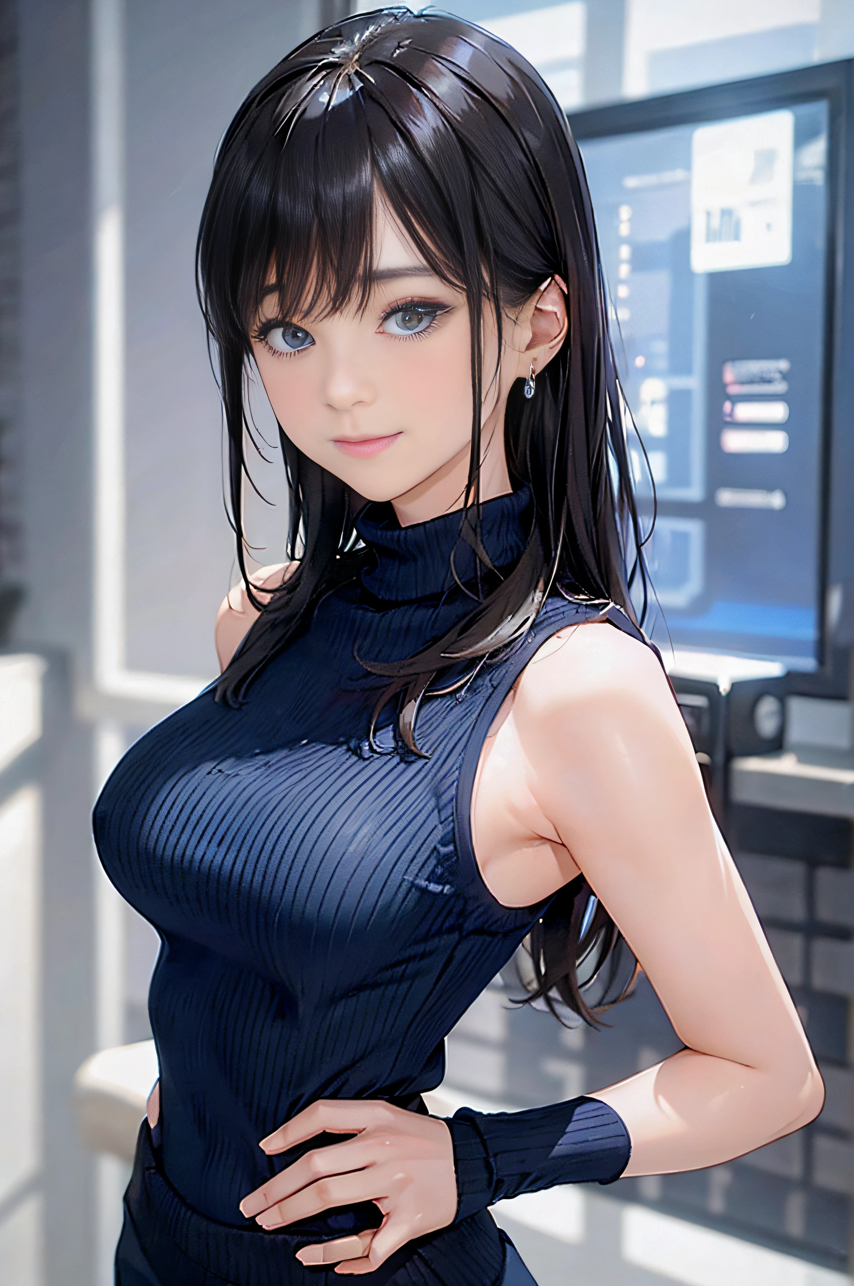 (Dark blue turtleneck sleeveless knit)、pencil skirts、20 year old girl, breasts of medium size,, Tron bulge in the chest、Puffy nipple、Pinch your chest with your arms、brown haired、Long Wave Hair,in the city street, a necklace、Earring、knee high stockings、high-heels ((Very detailed)), Shy smile、Kamimei、(Perfectly detailed face), (Well detailed hands) Photorealistic images、full body seen、emphasis on the buttocks