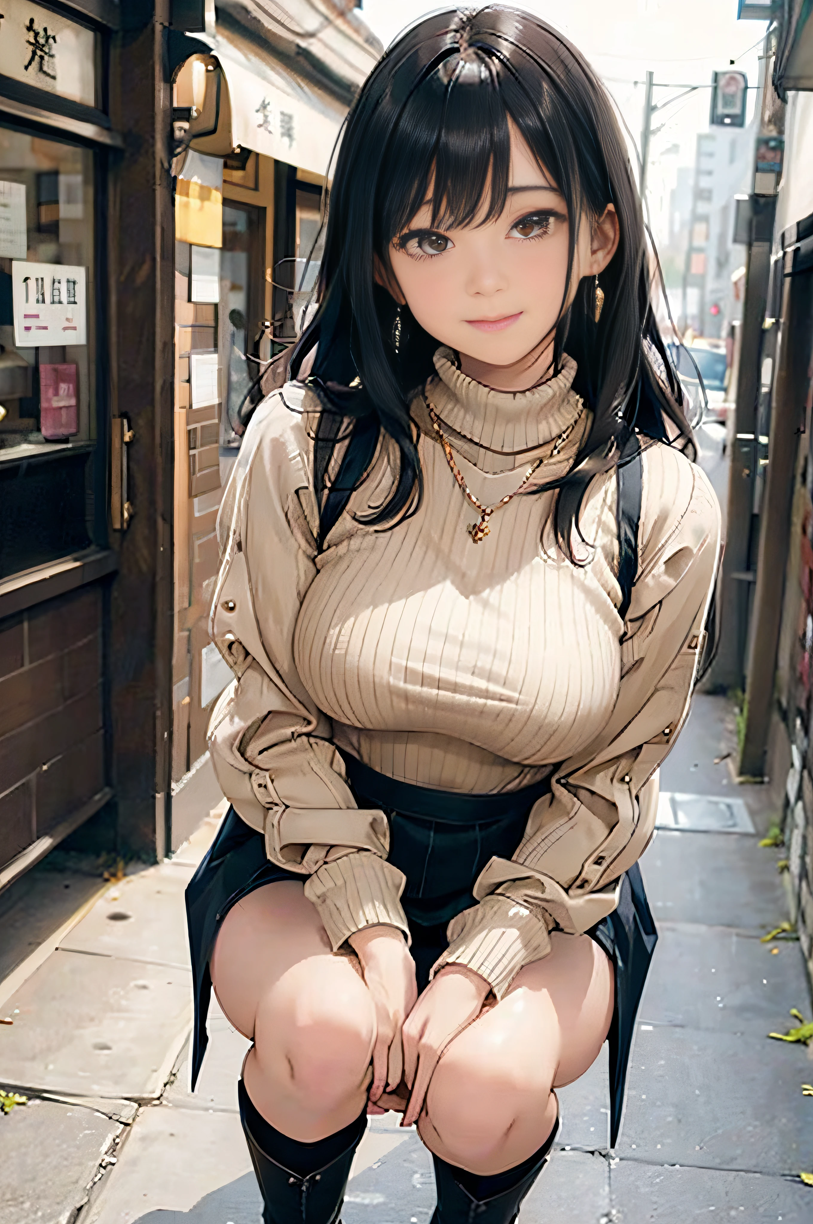 (Beige sheer turtleneck knit)、Denim Mini Skirt、20 year old girl, breasts of medium size,, Puffy nipple、Forward bends with emphasis on the chest、Black hair、Long Wave Hair,in the city street, Squat with your knees upright、a necklace、Earring、knee high stockings、high-heels ((Very detailed)), Shy smile、Kamimei、(Perfectly detailed face), (Well detailed hands) Photorealistic images、full body seen、emphasis on the buttocks