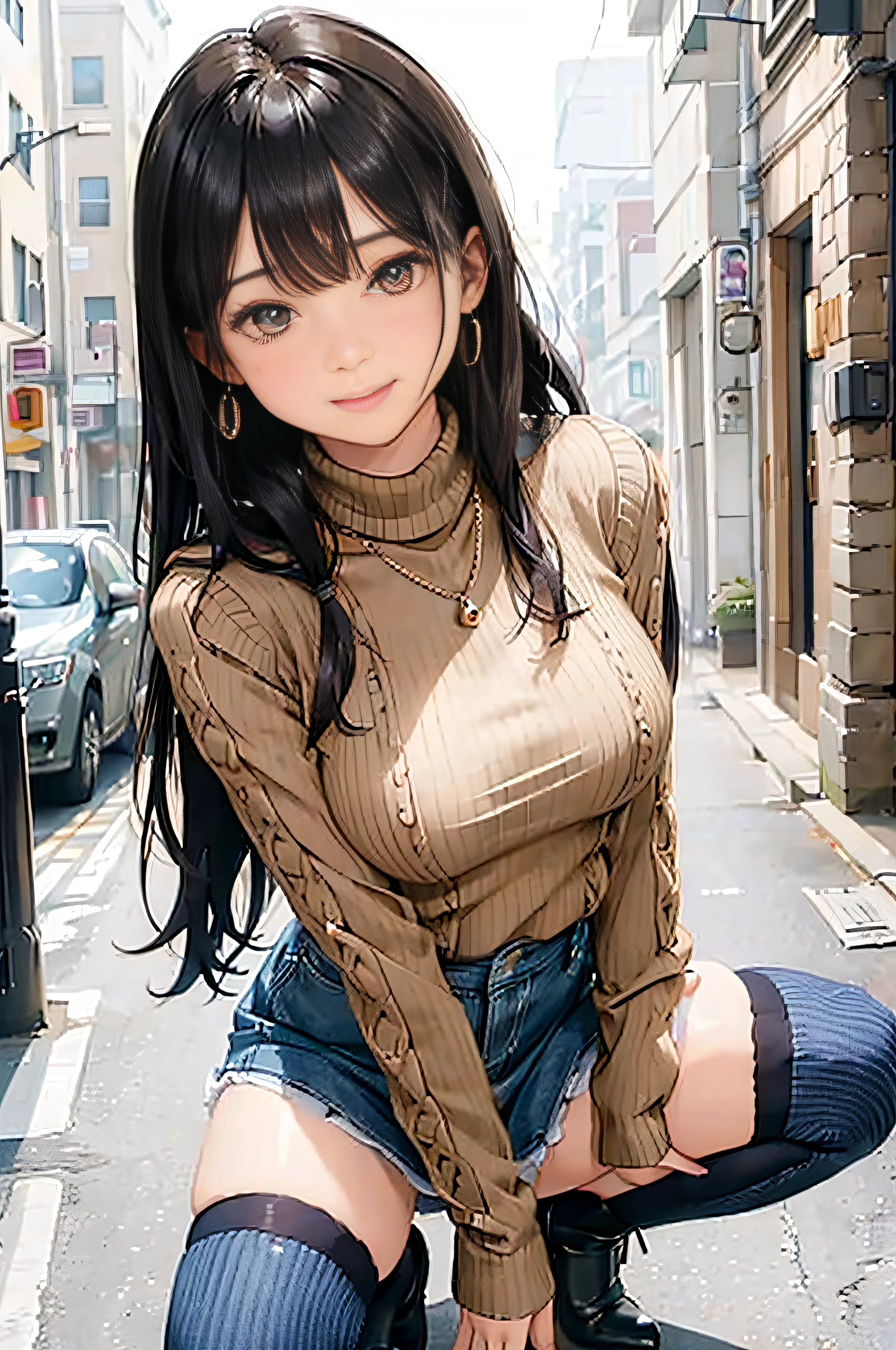 (Beige sheer turtleneck knit)、Denim Mini Skirt、20 year old girl, breasts of medium size,, Puffy nipple、Forward bends with emphasis on the chest、Black hair、Long Wave Hair,in the city street, Squat with your knees upright、a necklace、Earring、knee high stockings、high-heels ((Very detailed)), Shy smile、Kamimei、(Perfectly detailed face), (Well detailed hands) Photorealistic images、full body seen、emphasis on the buttocks