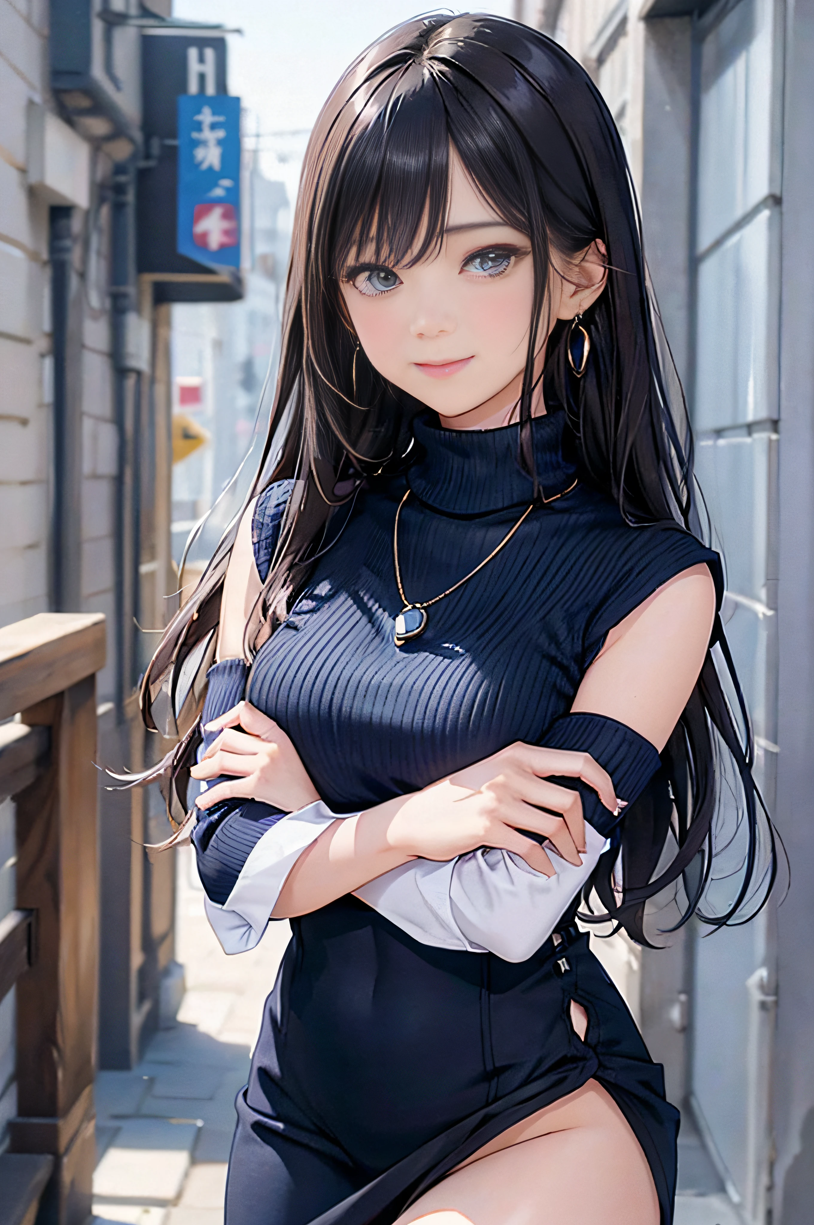 (Dark blue turtleneck sleeveless knit)、pencil skirts、20 year old girl, breasts of medium size,, Tron bulge in the chest、Puffy nipple、Pinch your chest with your arms、brown haired、Long Wave Hair,in the city street, a necklace、Earring、knee high stockings、high-heels ((Very detailed)), Shy smile、Kamimei、(Perfectly detailed face), (Well detailed hands) Photorealistic images、full body seen、emphasis on the buttocks