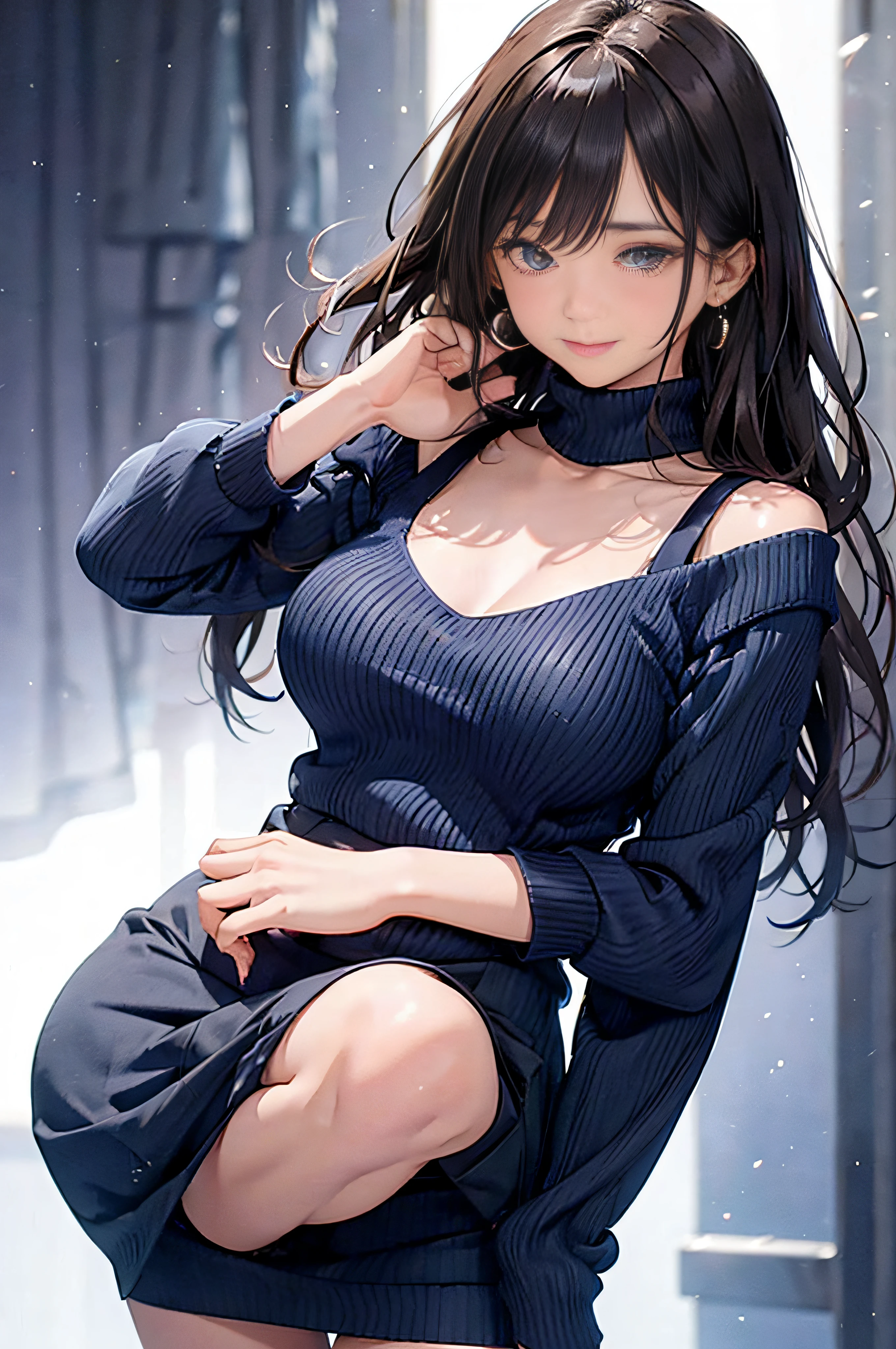 (Dark blue turtleneck sleeveless knit)、pencil skirts、20 year old girl, breasts of medium size,, Tron bulge in the chest、Puffy nipple、Pinch your chest with your arms、brown haired、Long Wave Hair,in the city street, a necklace、Earring、knee high stockings、high-heels ((Very detailed)), Shy smile、Kamimei、(Perfectly detailed face), (Well detailed hands) Photorealistic images、full body seen、emphasis on the buttocks