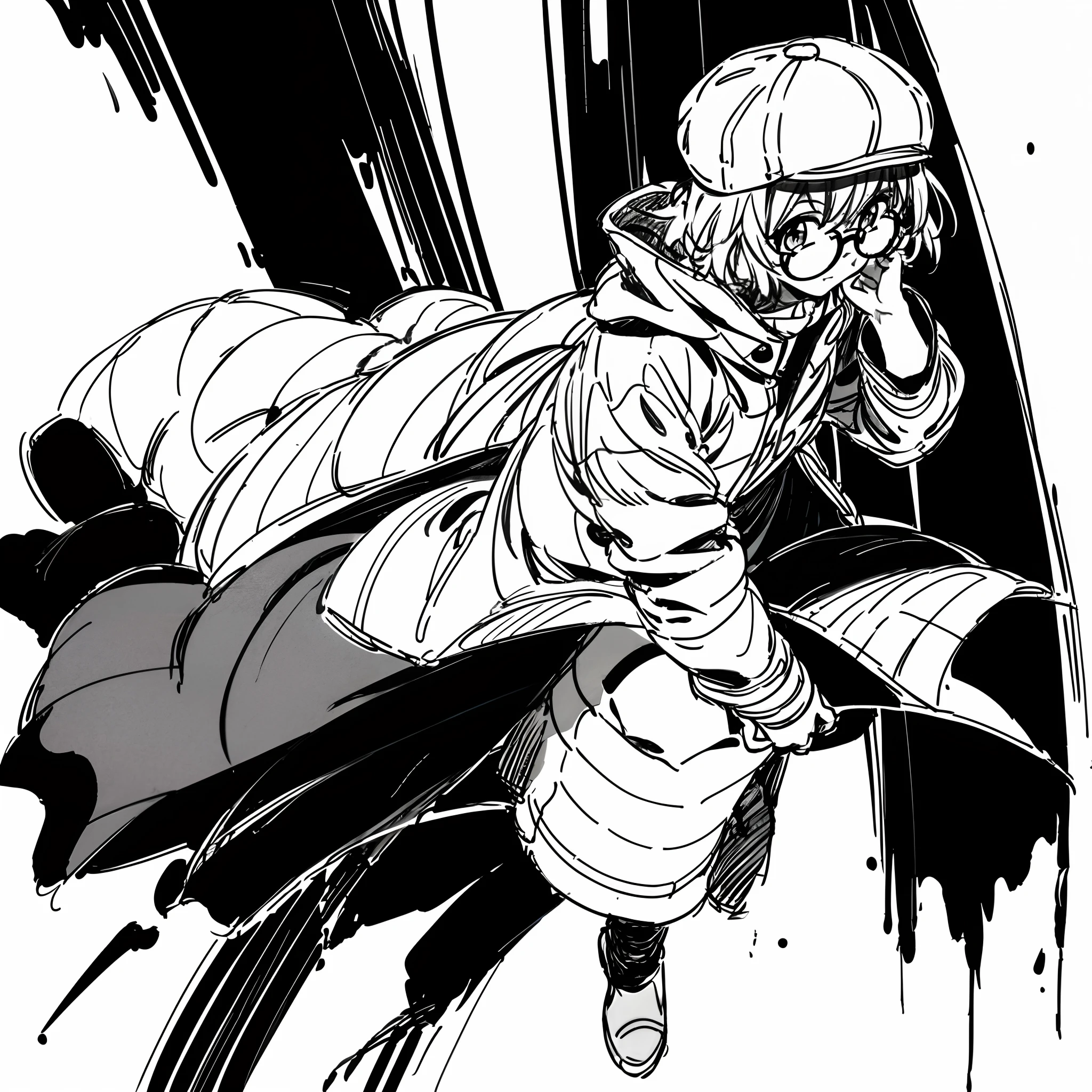 Mirai Kuriyama wearing a coat and a cap hiding her face with her hands, ((empty background)), winter, VHS, vintage, red glasses, manga style, white background, ((monochrome)), far away shot, full body, (sketch), long sleeves, 1girl, looking up, casual clothes