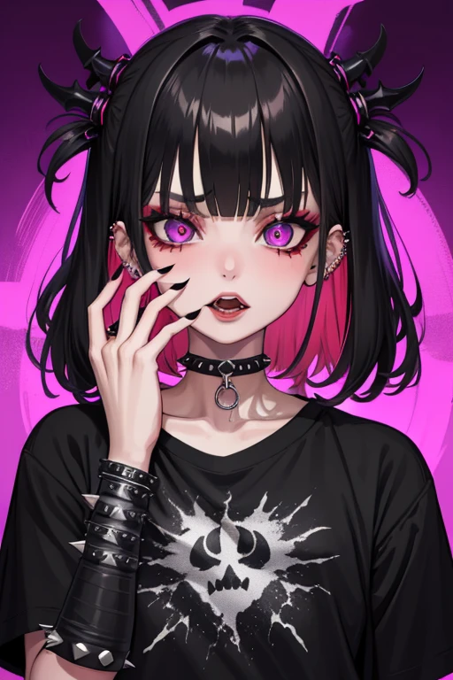 punk, 1girl, solo, looking at viewer, bangs, simple background, shirt, black hair, hair ornament, jewelry, purple eyes, collarbone, white shirt, multicolored hair, choker, blunt bangs, pink eyes, grey background, nail polish, collar, bracelet, two-tone hair, eyelashes, makeup, glowing, piercing, ear piercing, portrait, black nails, spikes, black lips, open mouth, lips,, masterpiece, best quality, highly detailed