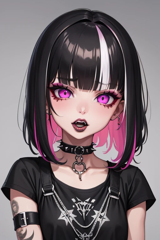 punk, 1girl, solo, looking at viewer, bangs, simple background, shirt, black hair, hair ornament, jewelry, purple eyes, collarbone, white shirt, multicolored hair, choker, blunt bangs, pink eyes, grey background, nail polish, collar, bracelet, two-tone hair, eyelashes, makeup, glowing, piercing, ear piercing, portrait, black nails, spikes, black lips, open mouth, lips,, masterpiece, best quality, highly detailed