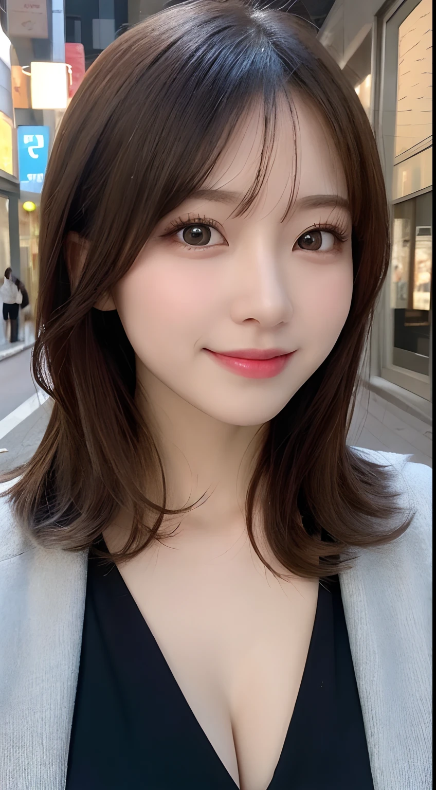 masutepiece, Best Quality, Illustration, Ultra-detailed, finely detail, hight resolution, 8K Wallpaper, Perfect dynamic composition, Beautiful detailed eyes, doress,Medium Hair, mid-chest, Natural Color Lip, Random and sexy poses,Smile,Aoyama Street Walk、20 years girl