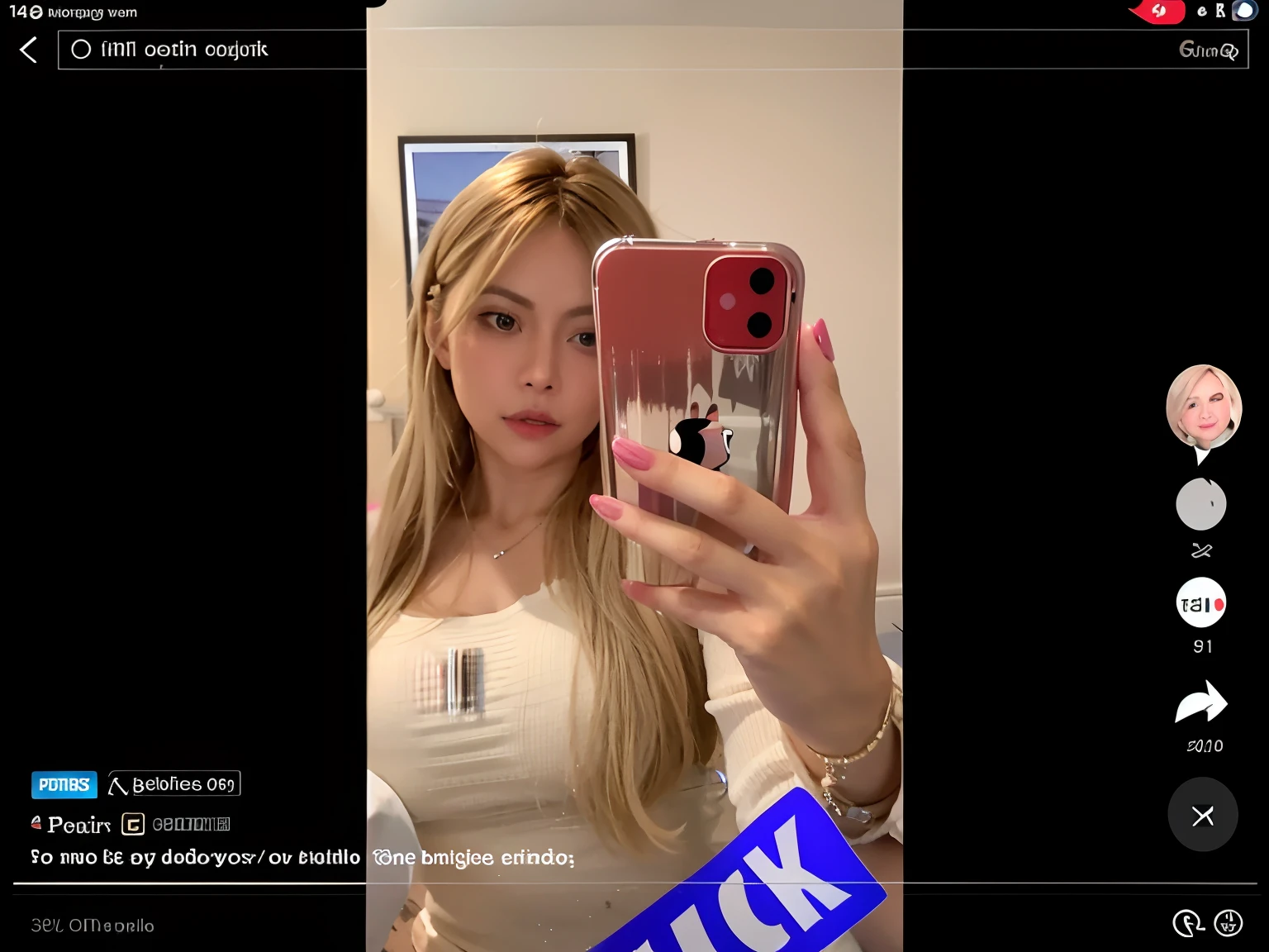 arafed image of a woman taking a selfie with her phone, tiktok video, leaked, leaked footage, low quality video, iphone video, leaked image, she is holding a smartphone, leak, live footage, low quality footage, tiktok, leaked photo, filmed, smooth in _ the background, captura, real footage, deep fake, iphone screenshot, bikini, big tits