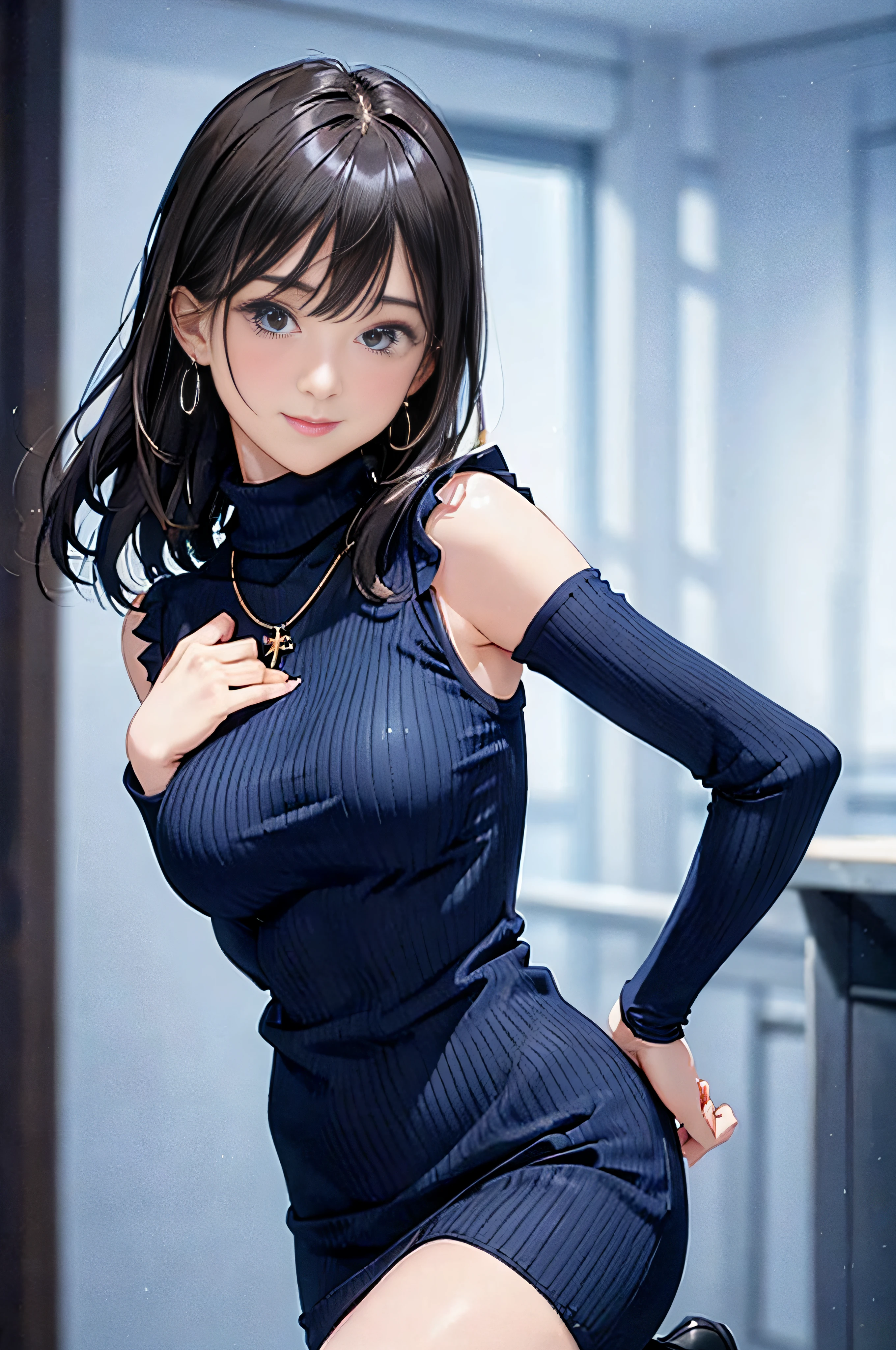 (Dark blue turtleneck sleeveless knit)、pencil skirts、20 year old girl, breasts of medium size,, Tron bulge in the chest、Puffy nipple、Pinch your chest with your arms、brown haired、Long Wave Hair,in the city street, a necklace、Earring、knee high stockings、high-heels ((Very detailed)), Shy smile、Kamimei、(Perfectly detailed face), (Well detailed hands) Photorealistic images、full body seen、emphasis on the buttocks