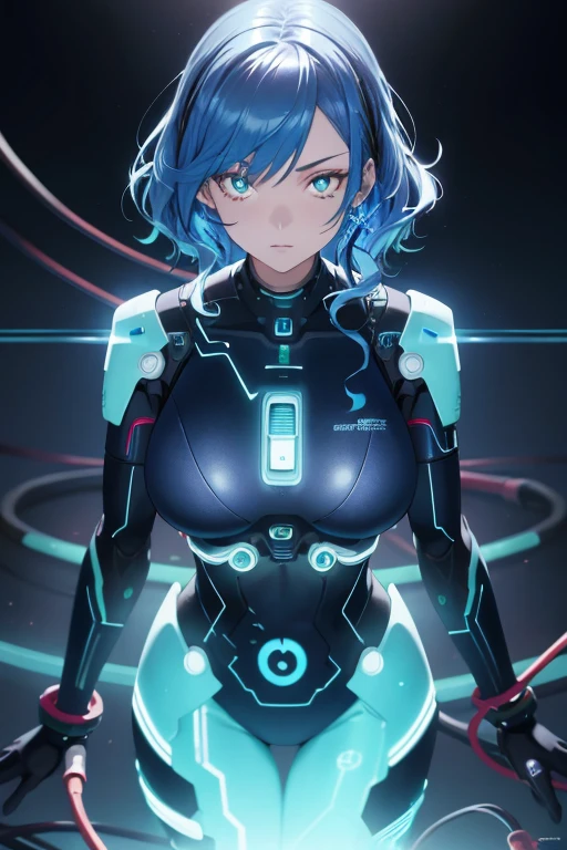 ((masutepiece)),(Best Quality),(Detailed),(1girl in),Glowing blue hair, Blue glowing eyes, Wavy Hair, body suit, android, Data Stream, cables, wires, Charging, Digital Chain, Large breasts, gazing at viewer , breast closeup