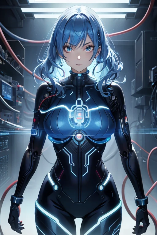 ((masutepiece)),(Best Quality),(Detailed),(1girl in),Glowing blue hair, Blue glowing eyes, Wavy Hair, body suit, android, Data Stream, cables, wires, Charging, Digital Chain, Large breasts, gazing at viewer , breast closeup
