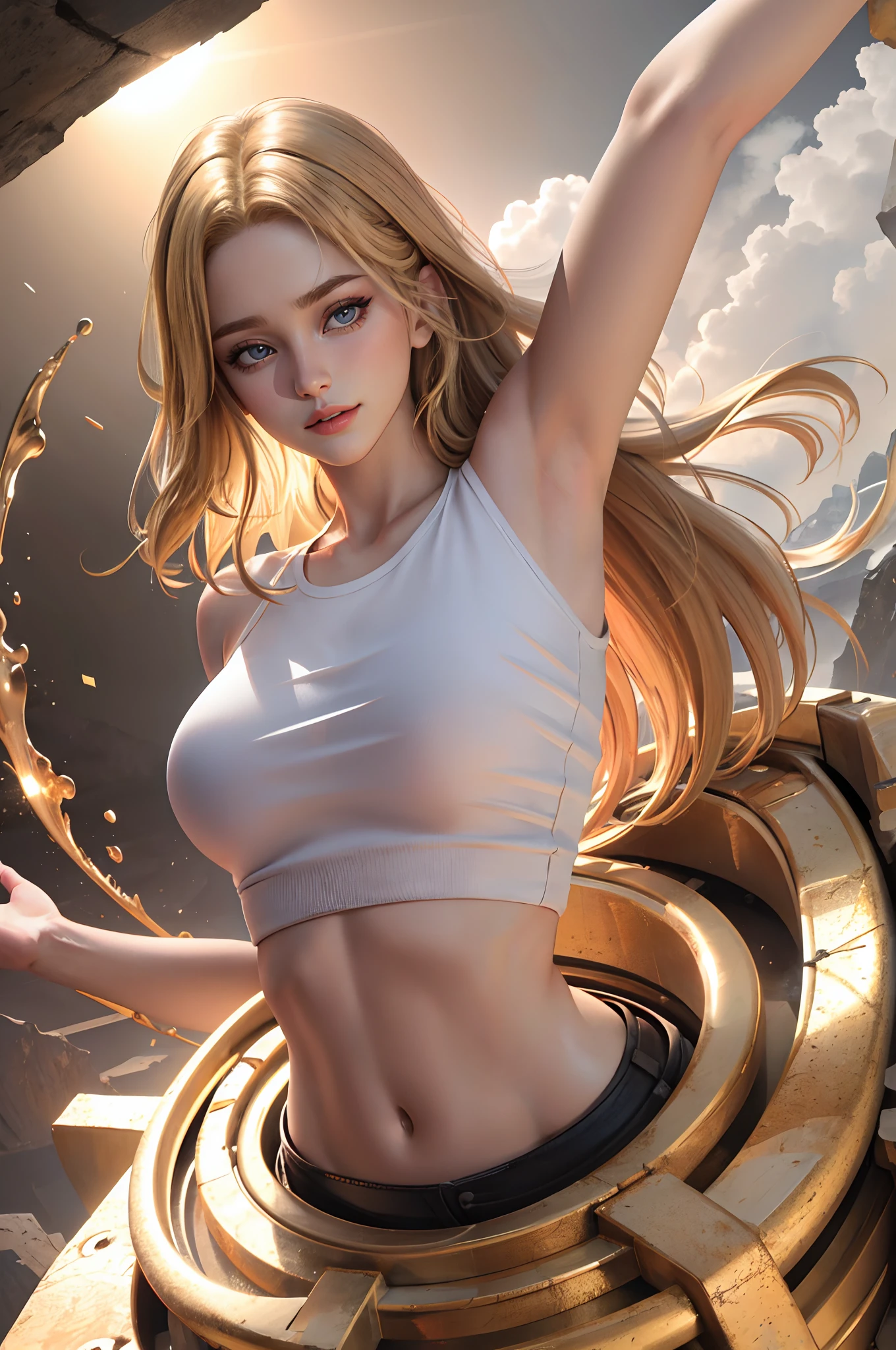 (masterpece),  (photorealistic),  (best quality:1.3),  8k,  uhd,  high resolution,  1girl,  foreshortening,  ((large breats)),  best lighting,  best shadow,  blonde hair,  sleeveless,  armpit,  portrait,  looking at viewer, half body, perfect body,