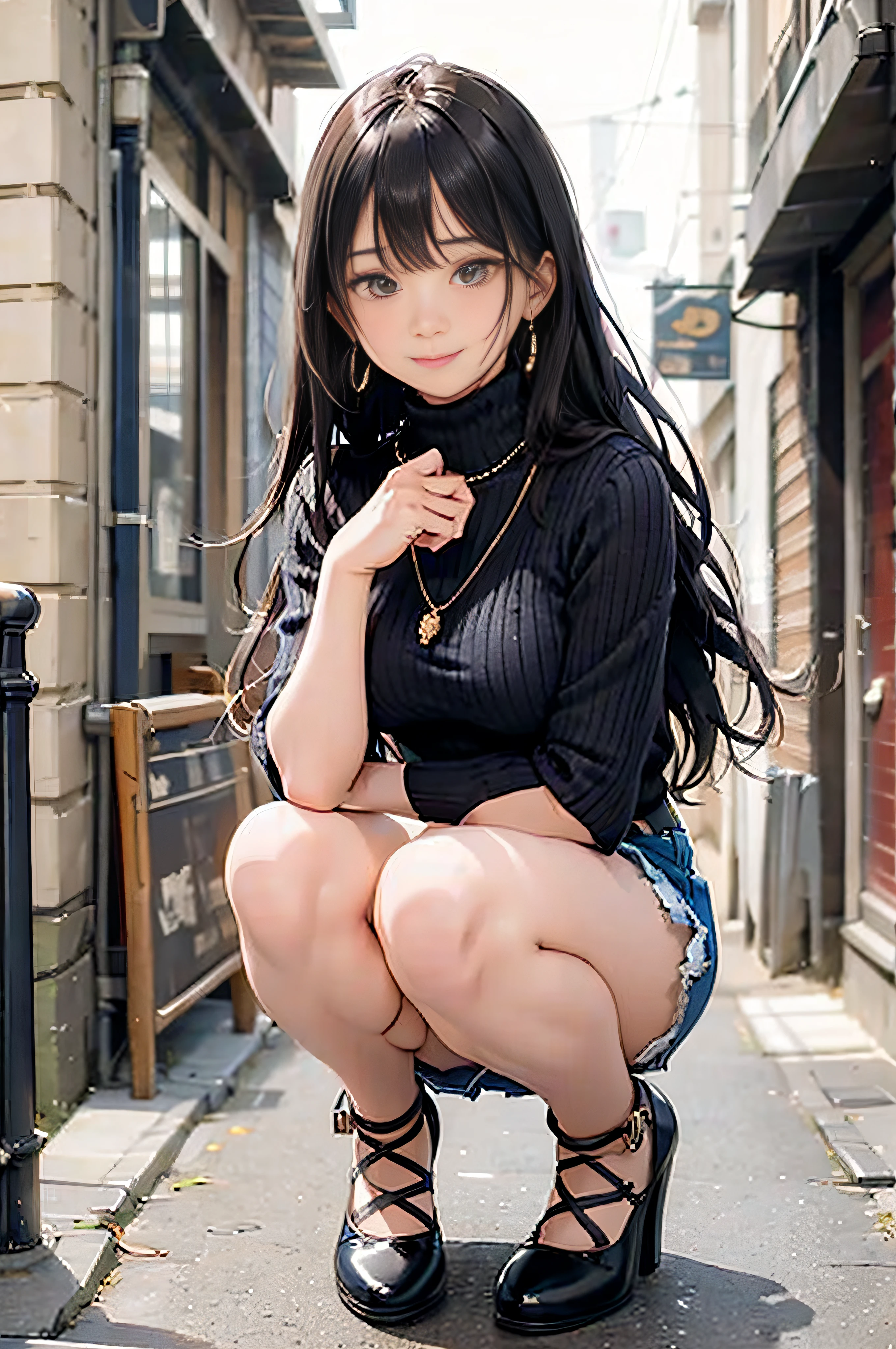 (Beige sheer turtleneck knit)、Denim Mini Skirt、20 year old girl, breasts of medium size,, Puffy nipple、Forward bends with emphasis on the chest、Black hair、Long Wave Hair,in the city street, Squat with your knees upright、a necklace、Earring、knee high stockings、high-heels ((Very detailed)), Shy smile、Kamimei、(Perfectly detailed face), (Well detailed hands) Photorealistic images、full body seen、emphasis on the buttocks