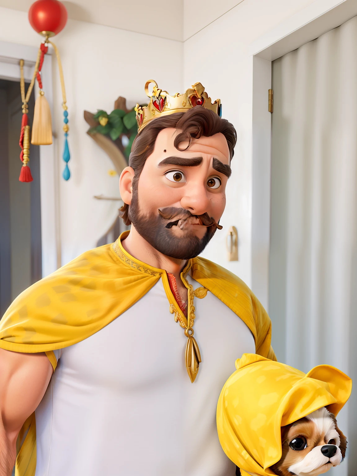 Homem 40 anos, crown prince, olhar sedutor, blusa de cachorro Shih tzu
