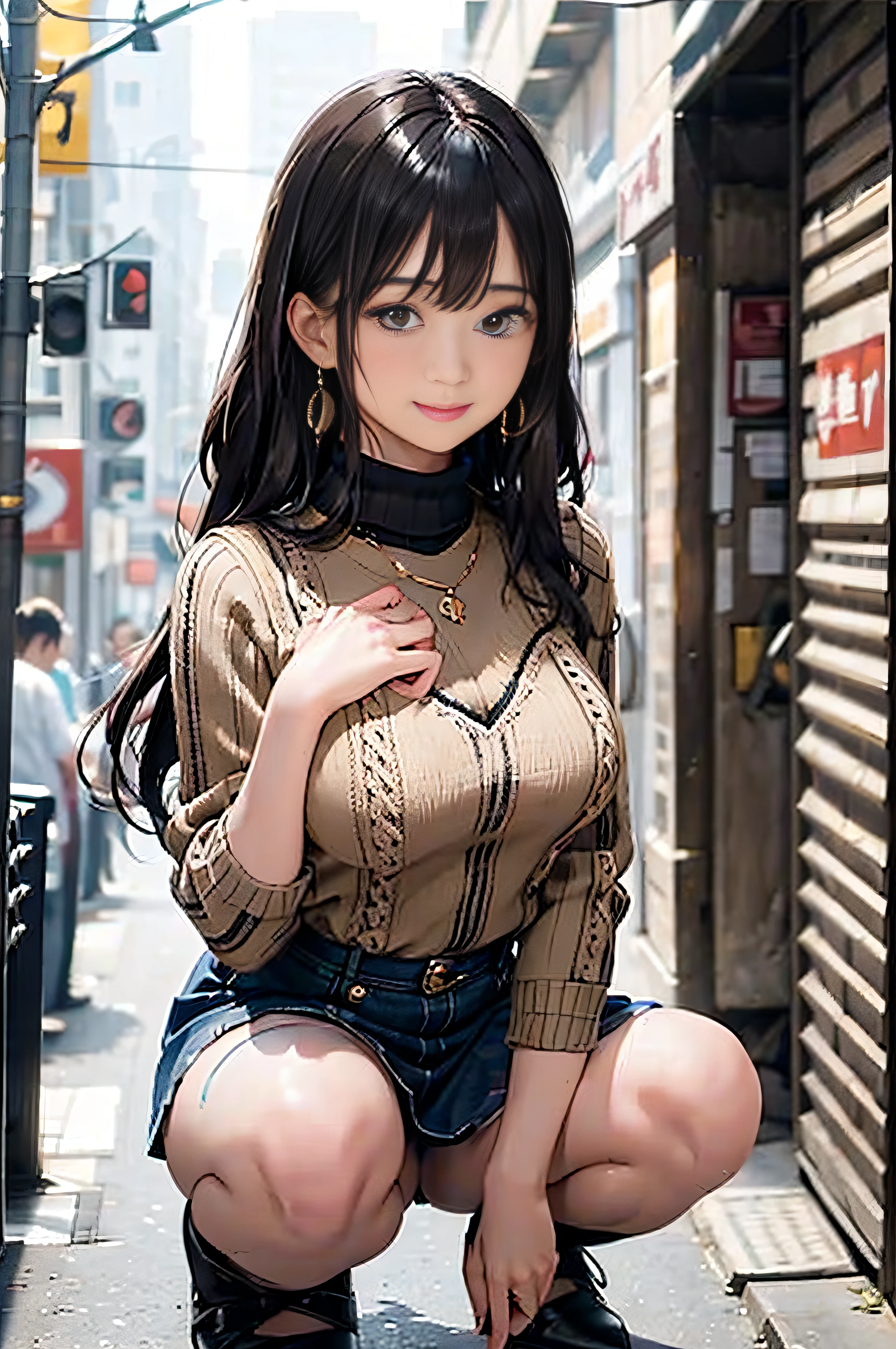 (Beige sheer turtleneck knit)、Denim Mini Skirt、20 year old girl, breasts of medium size,, Puffy nipple、Forward bends with emphasis on the chest、Black hair、Long Wave Hair,in the city street, Squat with your knees upright、a necklace、Earring、knee high stockings、high-heels ((Very detailed)), Shy smile、Kamimei、(Perfectly detailed face), (Well detailed hands) Photorealistic images、full body seen、emphasis on the buttocks