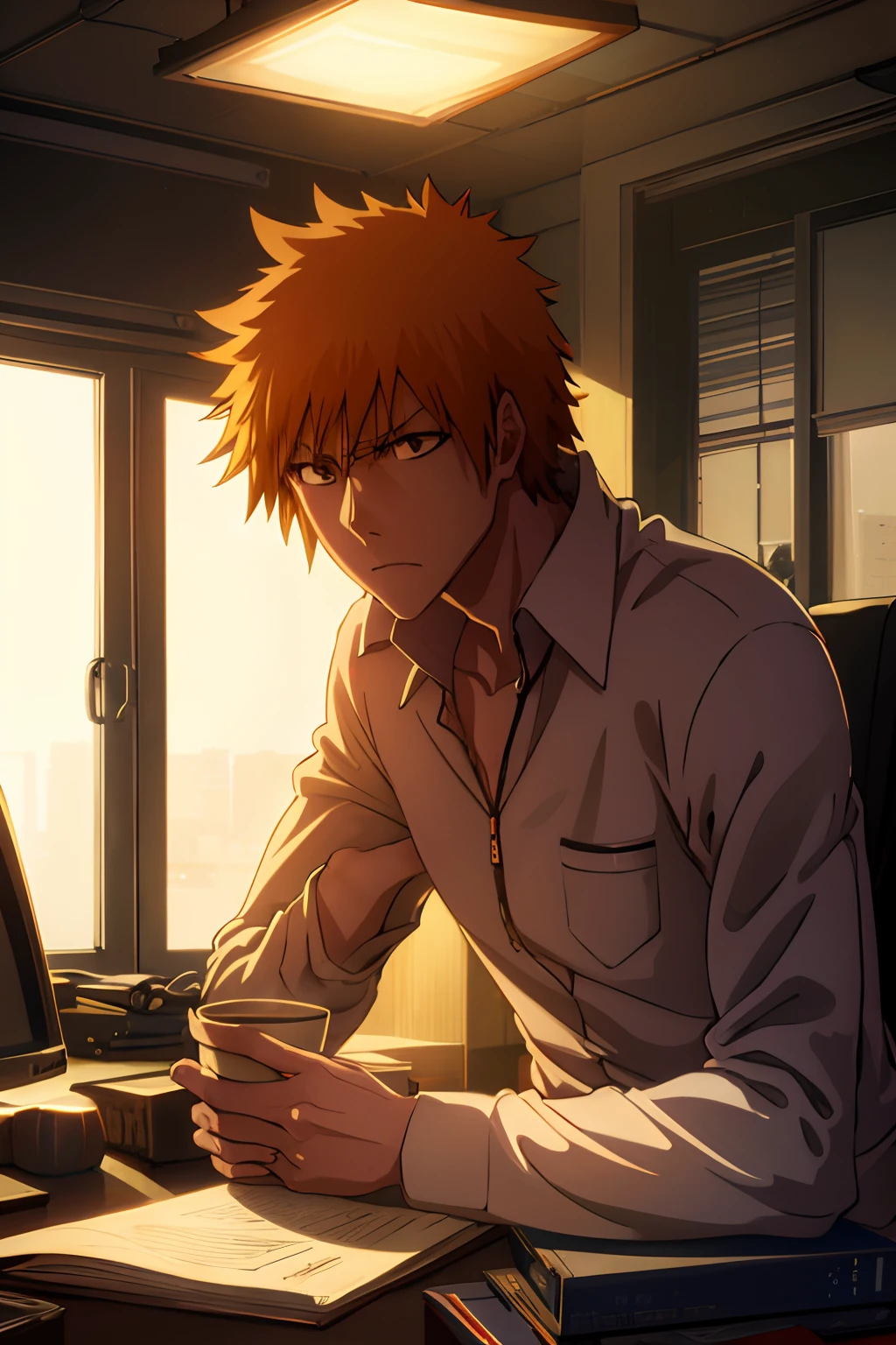 serious expression, messy desk, computer monitor with coding, stacks of books, dimmed lighting, headphones, empty coffee cup, open window with sunlight streaming in, Man, Kurosaki Ichigo