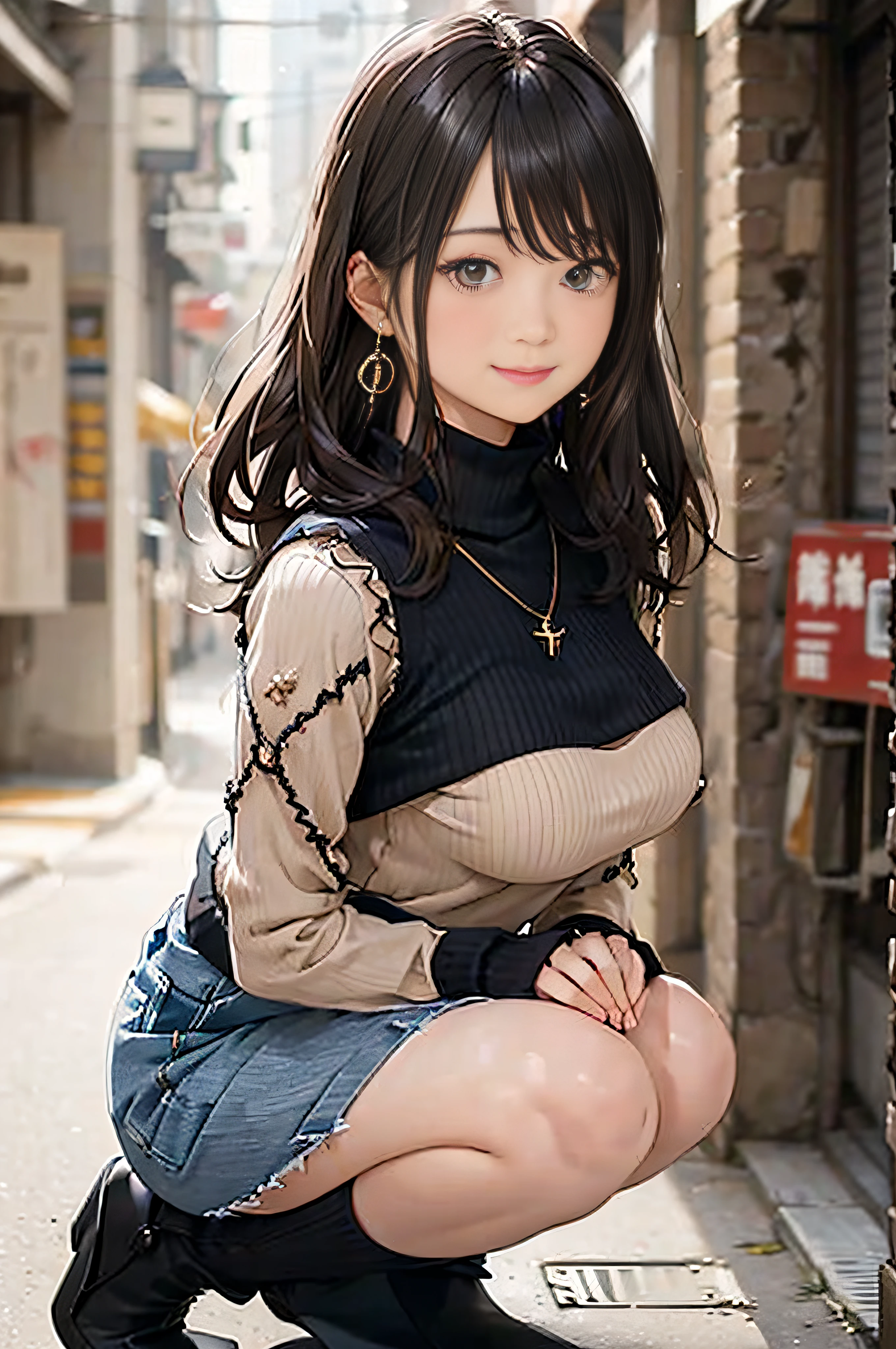 (Beige sheer turtleneck knit)、Denim Mini Skirt、20 year old girl, breasts of medium size,, Puffy nipple、Forward bends with emphasis on the chest、Black hair、Long Wave Hair,in the city street, Squat with your knees upright、a necklace、Earring、knee high stockings、high-heels ((Very detailed)), Shy smile、Kamimei、(Perfectly detailed face), (Well detailed hands) Photorealistic images、full body seen、emphasis on the buttocks