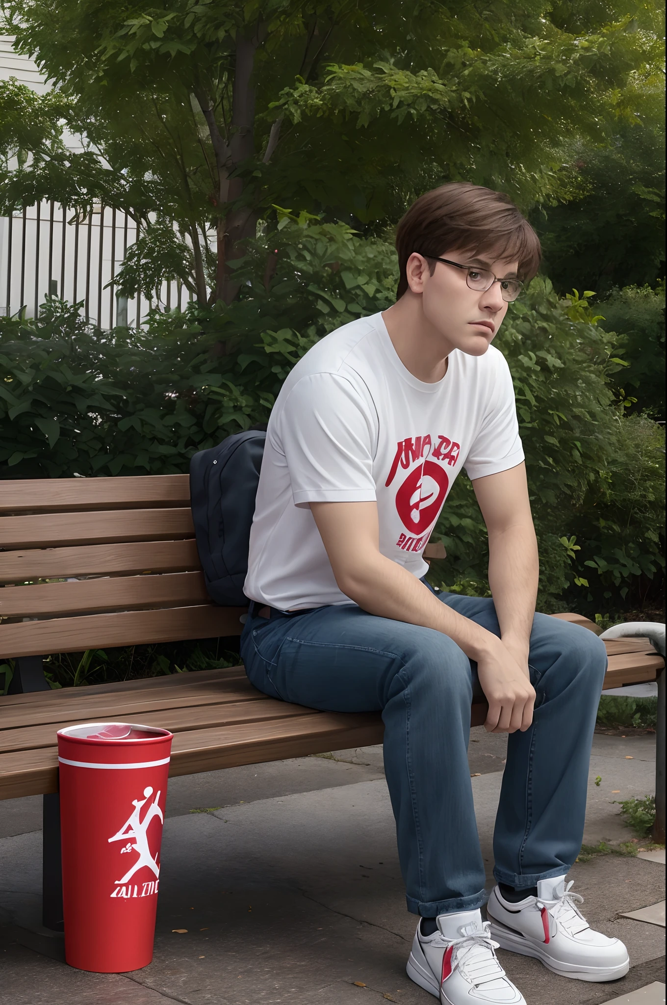 peter griffin from family guy sitting on a bench looking down with a frown while its raining with a red solo cup and wearing Jordan 4s