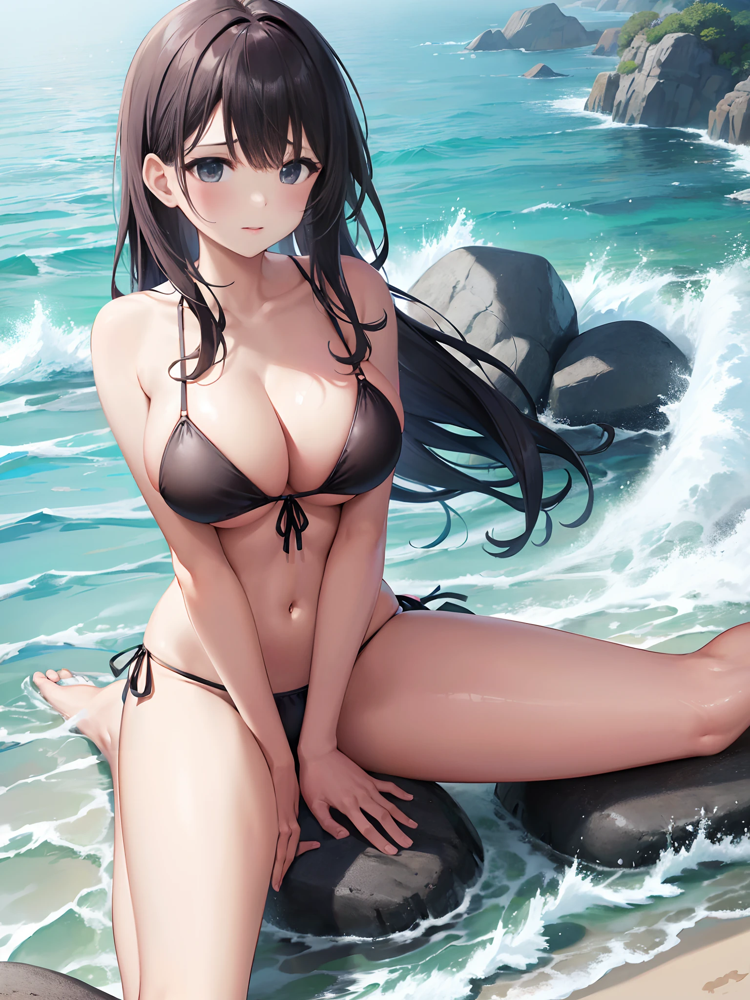 Woman siting on rock at the beach，waves crashing, Wear only string bikini bottom，missing top, hands covering chest, The chest is large，legs open, blush cheaks, shy expression, Very enchanting。dynamic pose,