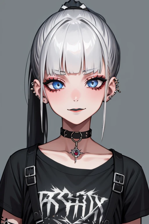 punk, 1girl, solo, looking at viewer, 3/4, bangs, simple background, shirt, black hair, hair ornament, jewelry, blue eyes, collarbone, white shirt, black and white hair, ponytail, choker, blunt bangs, blue eyes, grey background, collar, bracelet, two-tone hair, eyelashes, makeup, glowing, piercing, ear piercing, portrait, black nails, black lips, small smile, masterpiece, best quality, highly detailed