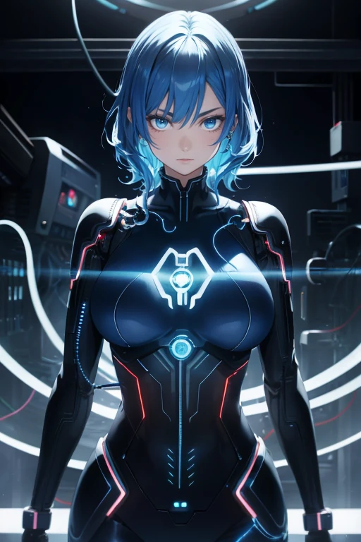 ((masutepiece)),(Best Quality),(Detailed),(1girl in),Glowing blue hair, Blue glowing eyes, Wavy Hair, body suit, android, Data Stream, cables, wires, Charging, Digital Chain, Large breasts, gazing at viewer , breast closeup