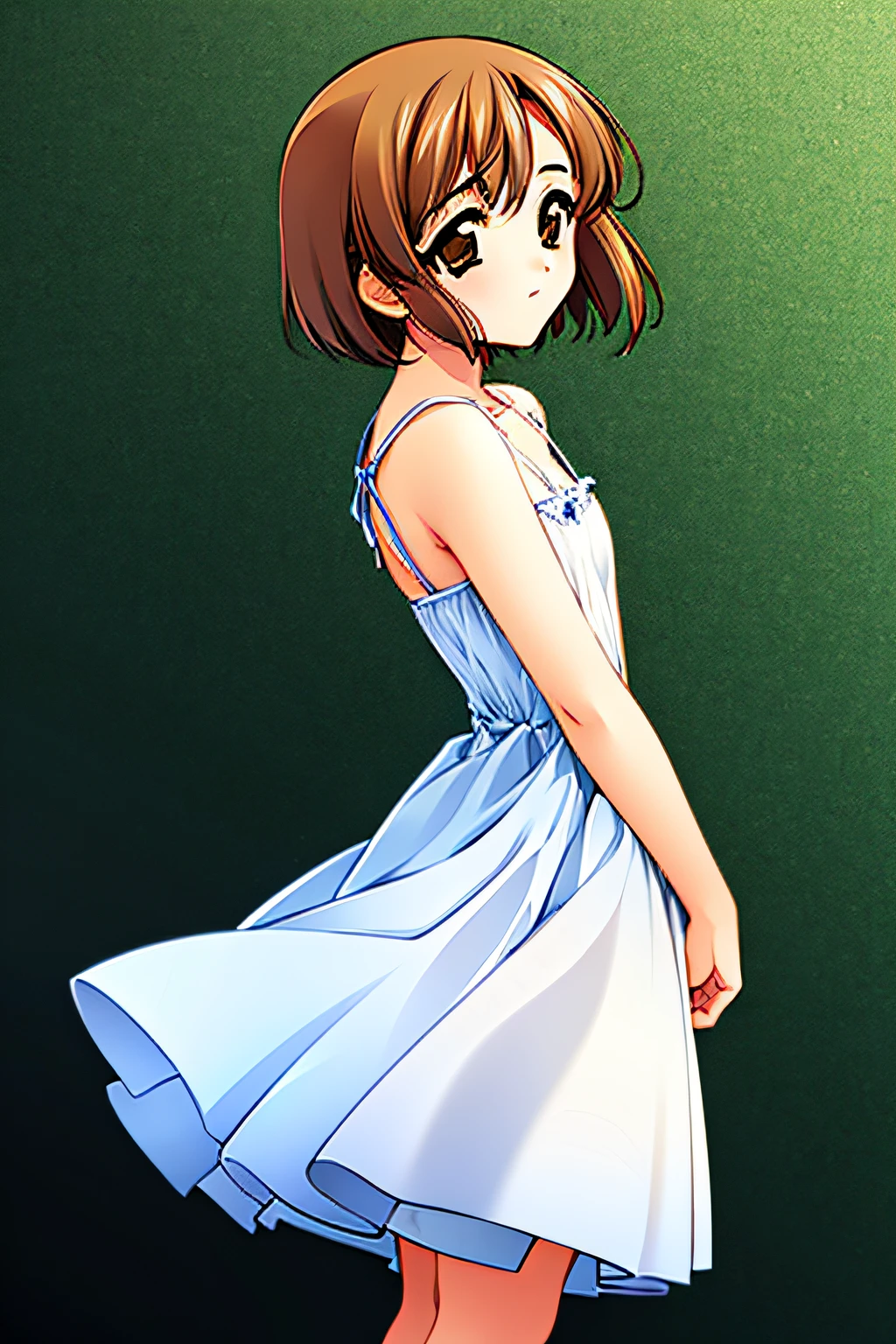 {small chest}, (1girl, brown hair), spiky hair, bangs, white sundress, {{facing forward, looking at viewer, 8k, cg character}}, (solid background, standing, halfbody)