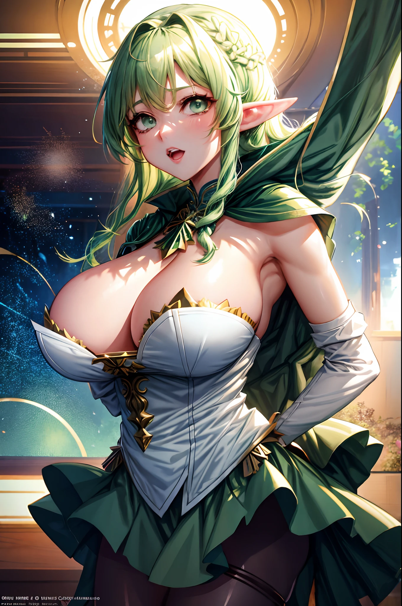 an anime nsfw image of a woman in a green dress holding a sword, portrait of a forest mage, massive HH cup breasts, female forest archer, artgerm and atey ghailan, krenz cushart and artgerm, forest hunter lady, elf girl, female earth mage, with a green cloak, female mage!, portrait of a female mage, extremely detailed artgerm