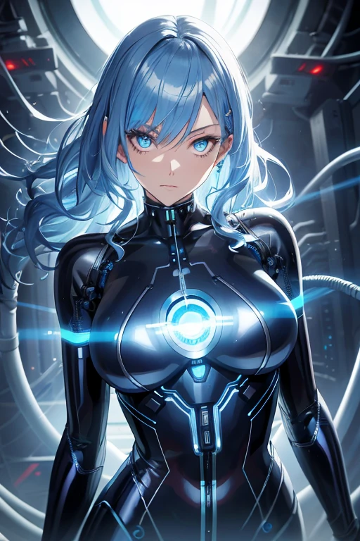 ((masutepiece)),(Best Quality),(Detailed),(1girl in),Glowing blue hair, Blue glowing eyes, Wavy Hair, Silver Latex Bodysuit, android, Data Stream, cables, wires, Charging, Digital Chain, Large breasts, gazing at viewer , breast closeup