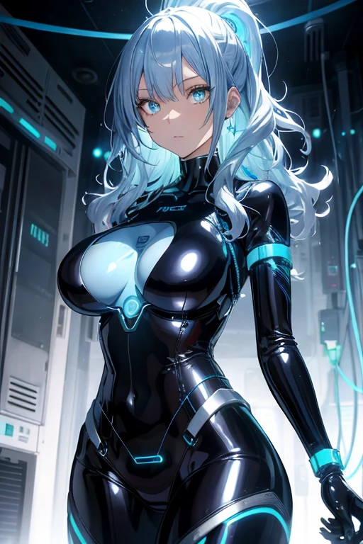 ((masutepiece)),(Best Quality),(Detailed),(1girl in),Glowing blue hair, Blue glowing eyes, Wavy Hair, Silver Latex Bodysuit, android, Data Stream, cables, wires, Charging, Digital Chain, Large breasts, gazing at viewer , breast closeup