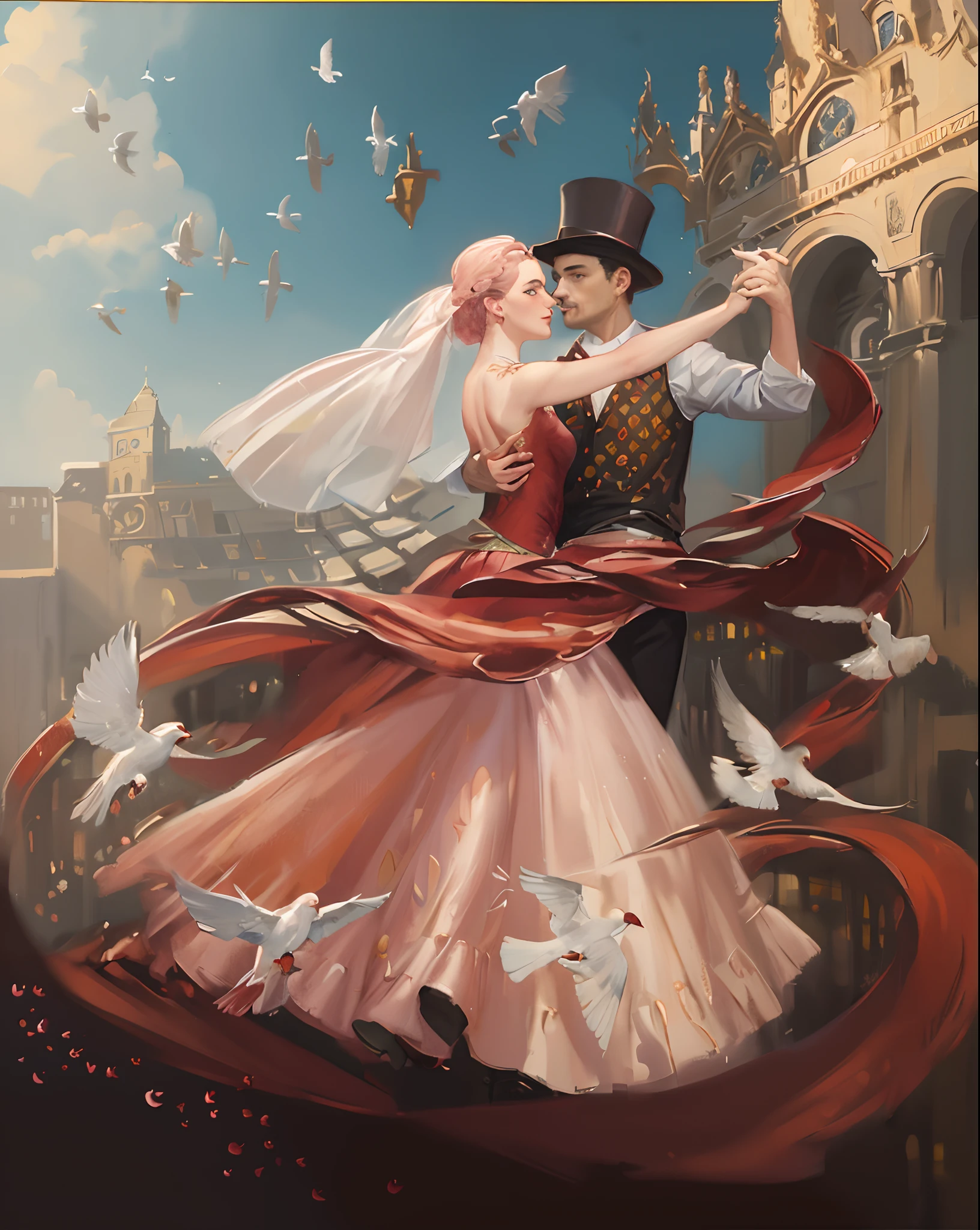 Painting of a couple dancing in a city with pigeons flying around, romantic painting, romantic era painting, Directed by: Albert Kotin, Directed by: Michael Cheval, Michael Cavalo (Motor irreal, Directed by: Andrzej Pronaszko, inspirado em Michael Cheval, Directed by: Alexander Kucharsky, dancing with each other, romantismo pintura, Romantismo estilo de arte