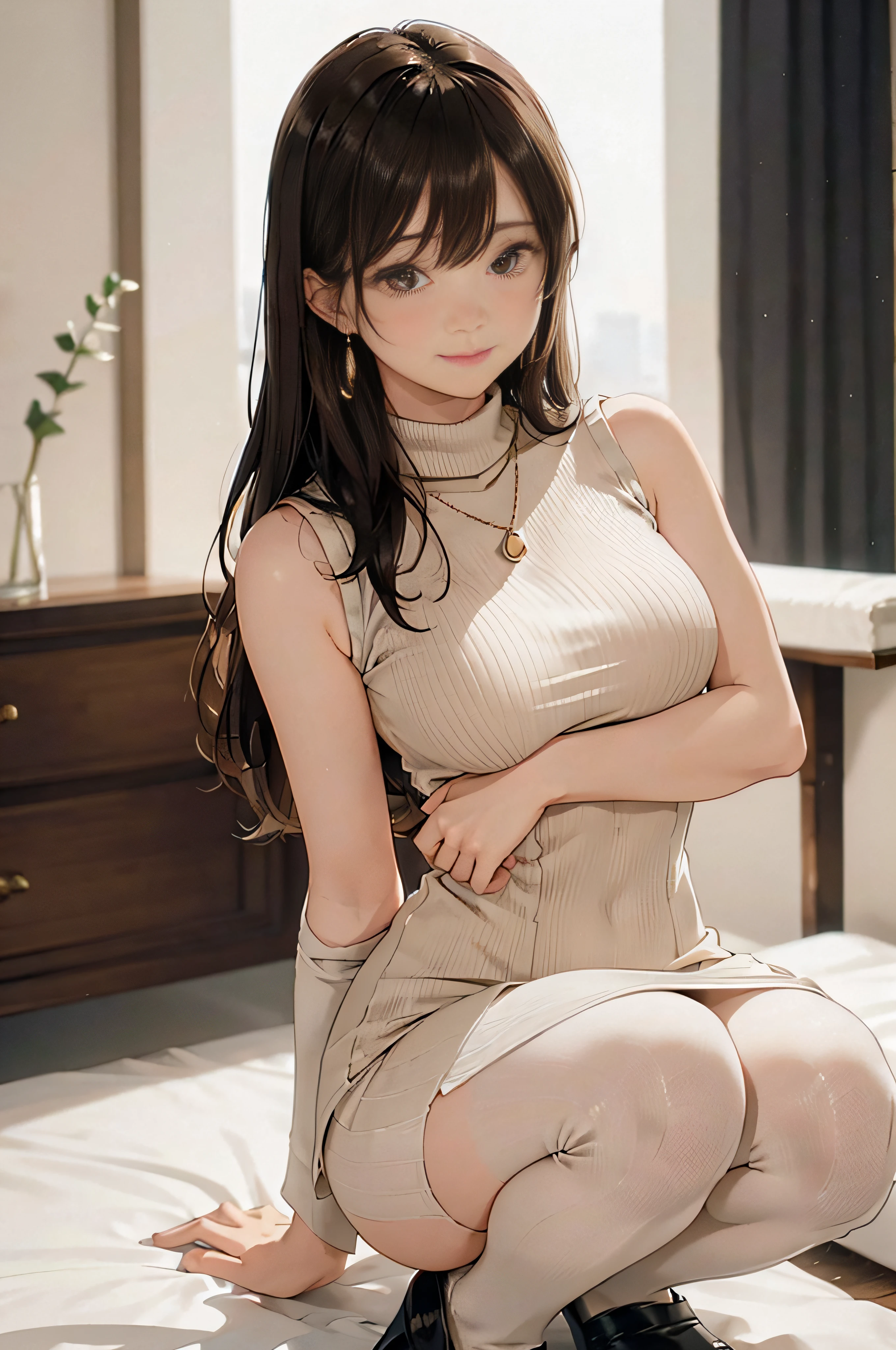 (Light Beige Turtleneck Sleeveless Knit)、pencil skirts、20 year old girl, breasts of medium size,, Tron bulge in the chest、Pinch your chest with your arms、brown haired、Long Wave Hair,Squatting on your knees、hotels room, a necklace、Earring、knee high stockings、high-heels ((Very detailed)), Shy smile、Kamimei、(Perfectly detailed face), (Well detailed hands) Photorealistic images、full body seen、emphasis on the buttocks