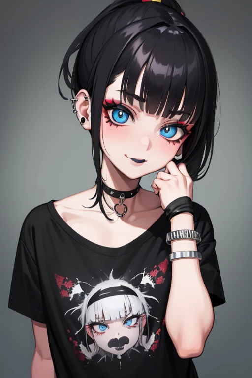 cartoon, punk, 1girl, solo, looking at viewer, 3/4, bangs, simple background, shirt, black hair, hair ornament, jewelry, blue eyes, collarbone, white shirt, black and white hair, ponytail, choker, blunt bangs, blue eyes, grey background, collar, bracelet, two-tone hair, eyelashes, makeup, glowing, piercing, ear piercing, portrait, black nails, black lips, small smile, masterpiece, best quality, highly detailed