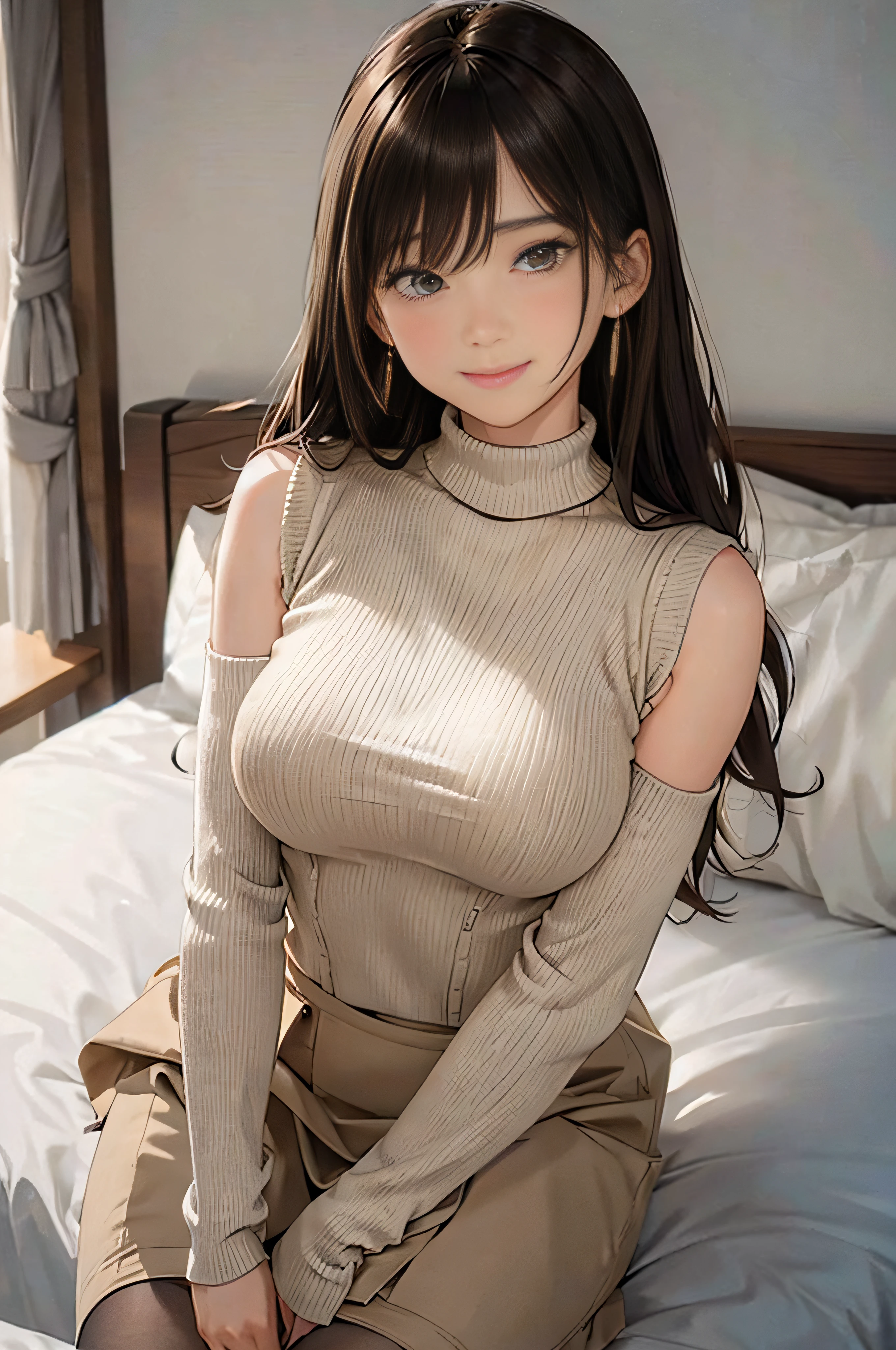 (Light Beige Turtleneck Sleeveless Knit)、pencil skirts、20 year old girl, breasts of medium size,, Tron bulge in the chest、Pinch your chest with your arms、brown haired、Long Wave Hair,Squatting on your knees、hotels room, a necklace、Earring、knee high stockings、 ((Very detailed)), Shy smile、Kamimei、(Perfectly detailed face), (Well detailed hands) Photorealistic images、full body seen、emphasis on the buttocks